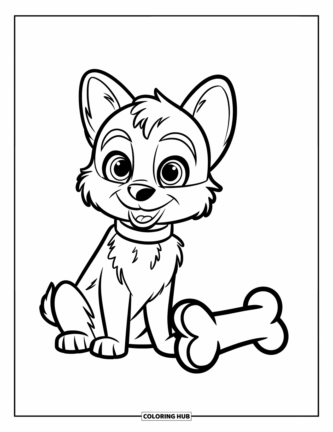 Desenho de Pastor Alemão para Colorir para Crianças: Um filhote de Pastor Alemão fofo senta-se perto de um osso maior do que ele em um fundo branco