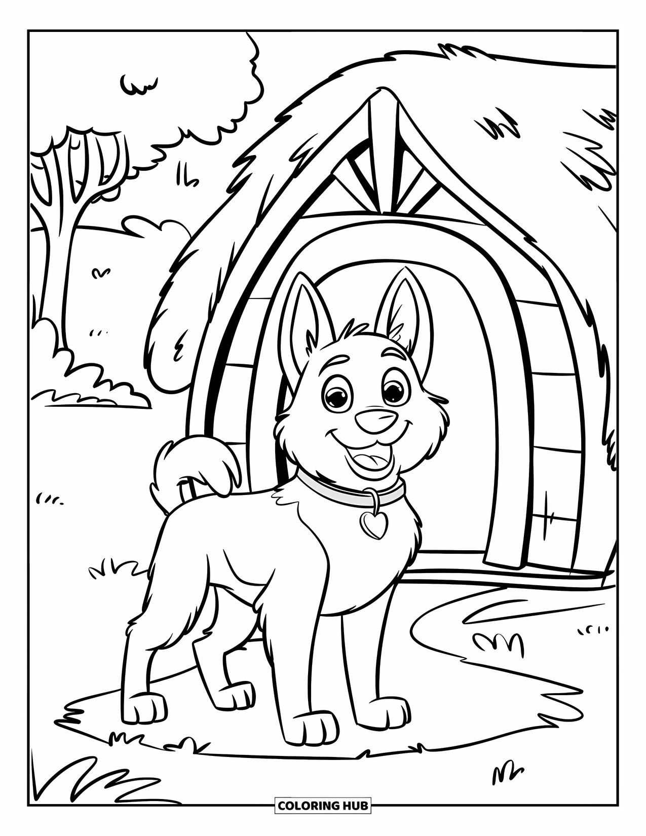 Desenho de Pastor Alemão para Colorir para Crianças: Um Pastor Alemão fofo com uma coleira azul posa alegremente perto de uma casinha de cachorro de colmo em grama verde