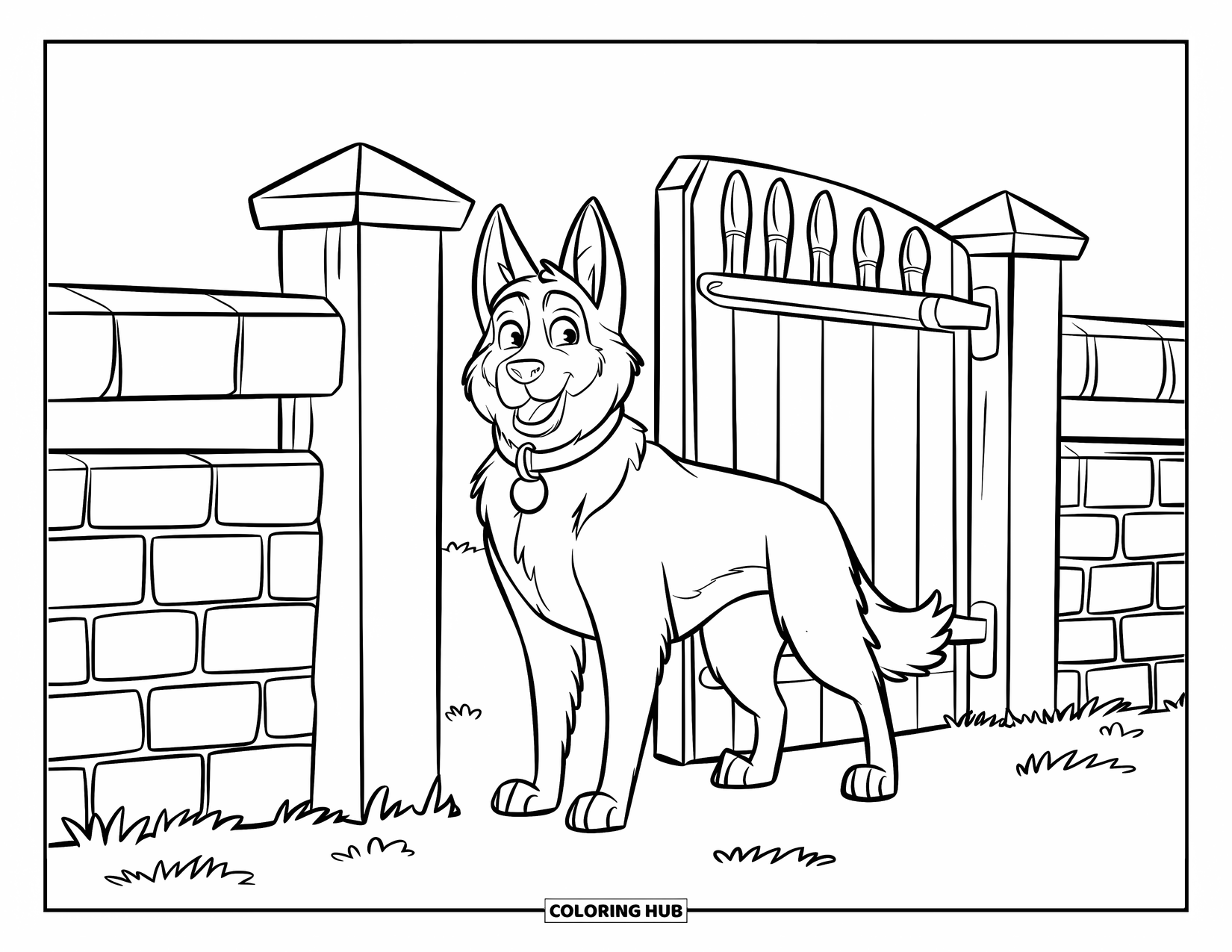 Desenho de Pastor Alemão para Colorir para Crianças: Um Pastor Alemão fofo fica em um portão de madeira em um campo gramado