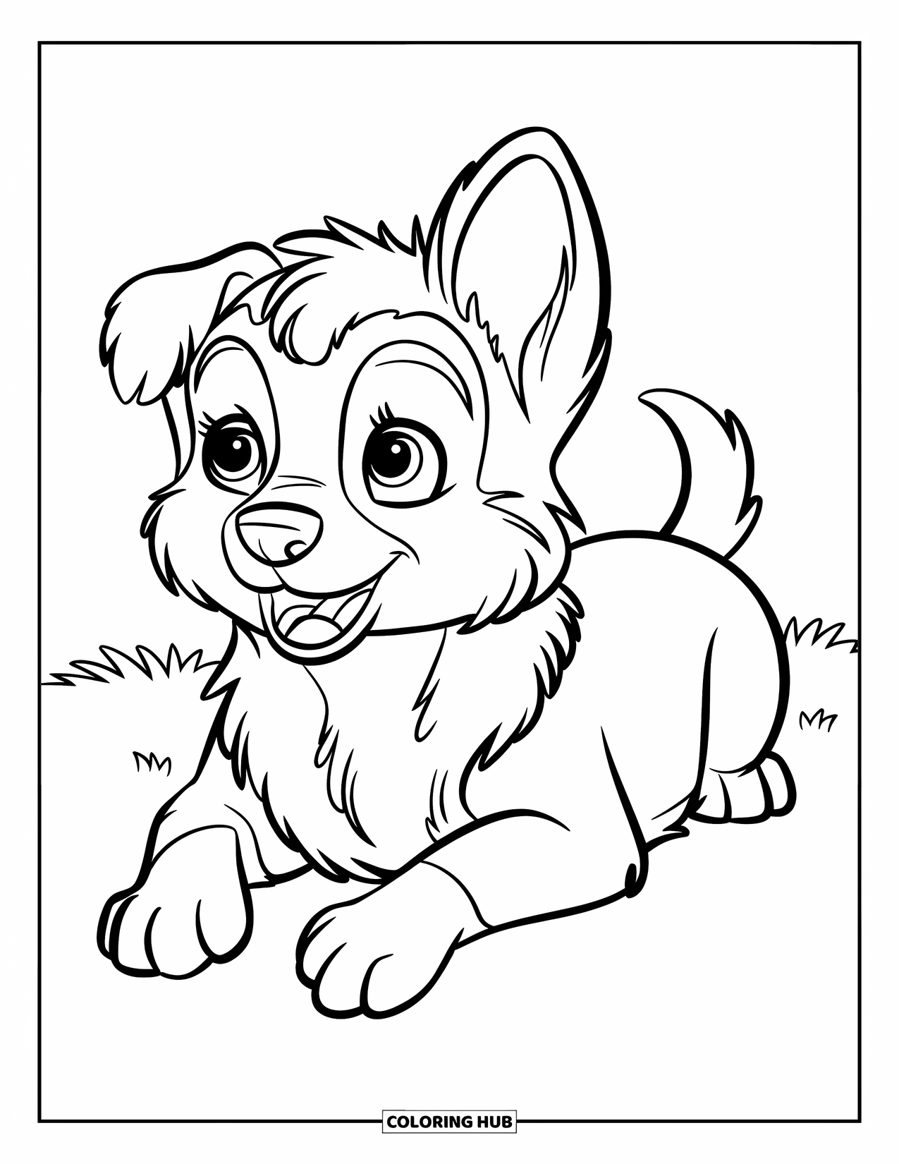 Desenho de Pastor Alemão para Colorir para Crianças: Um filhote com cauda fofa descansa na grama, olhando para cima com alegria