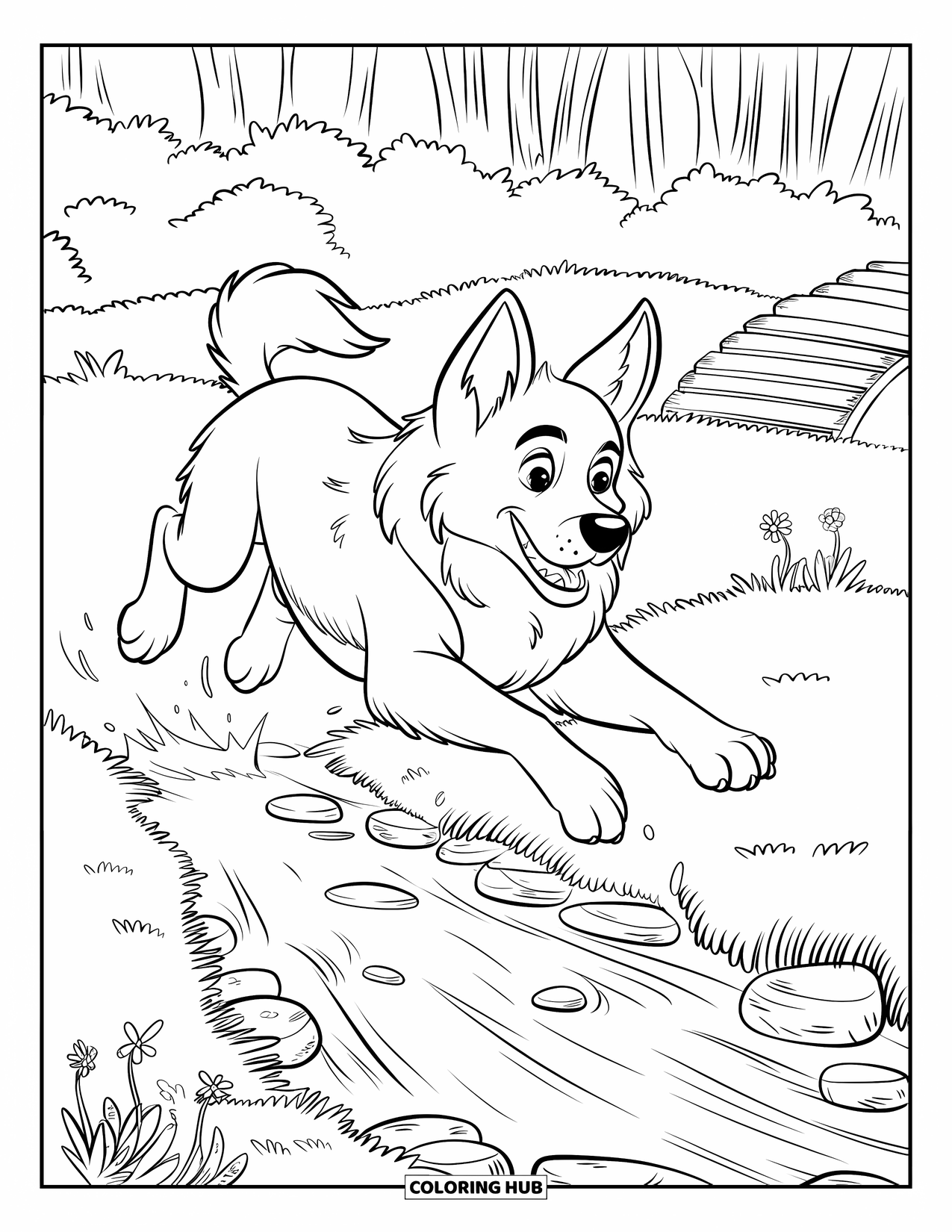 Desenho de Pastor Alemão para Colorir para Crianças: Um salto voador sobre um riacho perto de flores silvestres e árvores