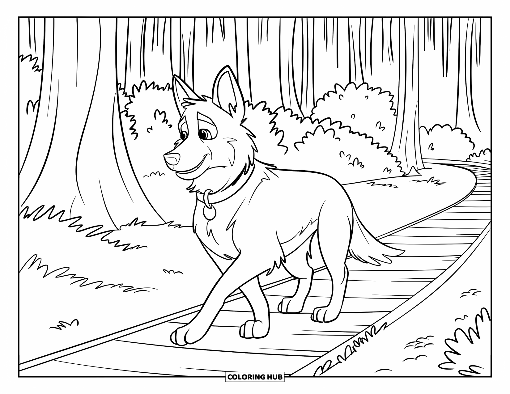 Desenho de Pastor Alemão para Colorir para Crianças: Uma caminhada na floresta com um Pastor Alemão em trilhas frondosas