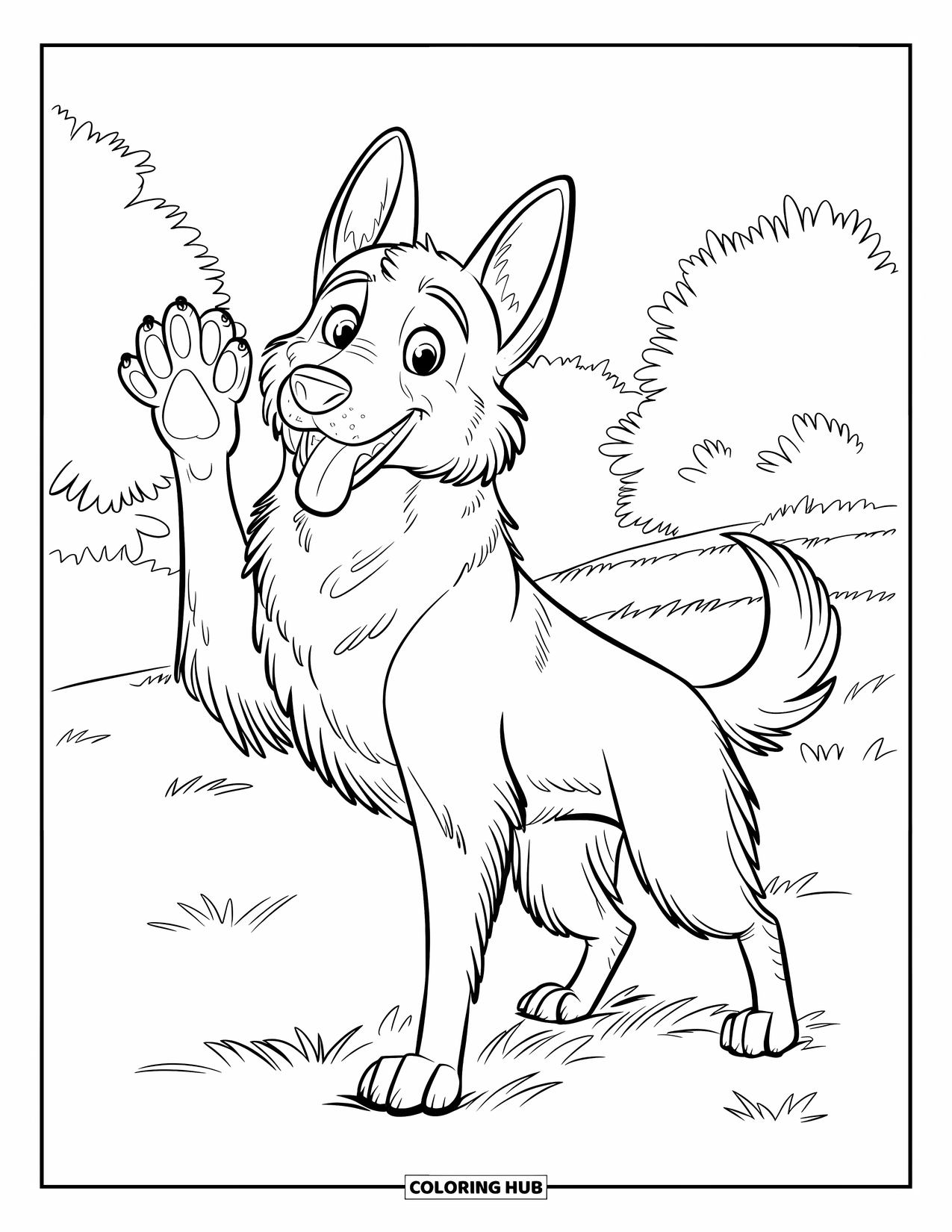 Desenho de Pastor Alemão para Colorir para Crianças: Um Pastor Alemão amigável oferece um high five perto das árvores
