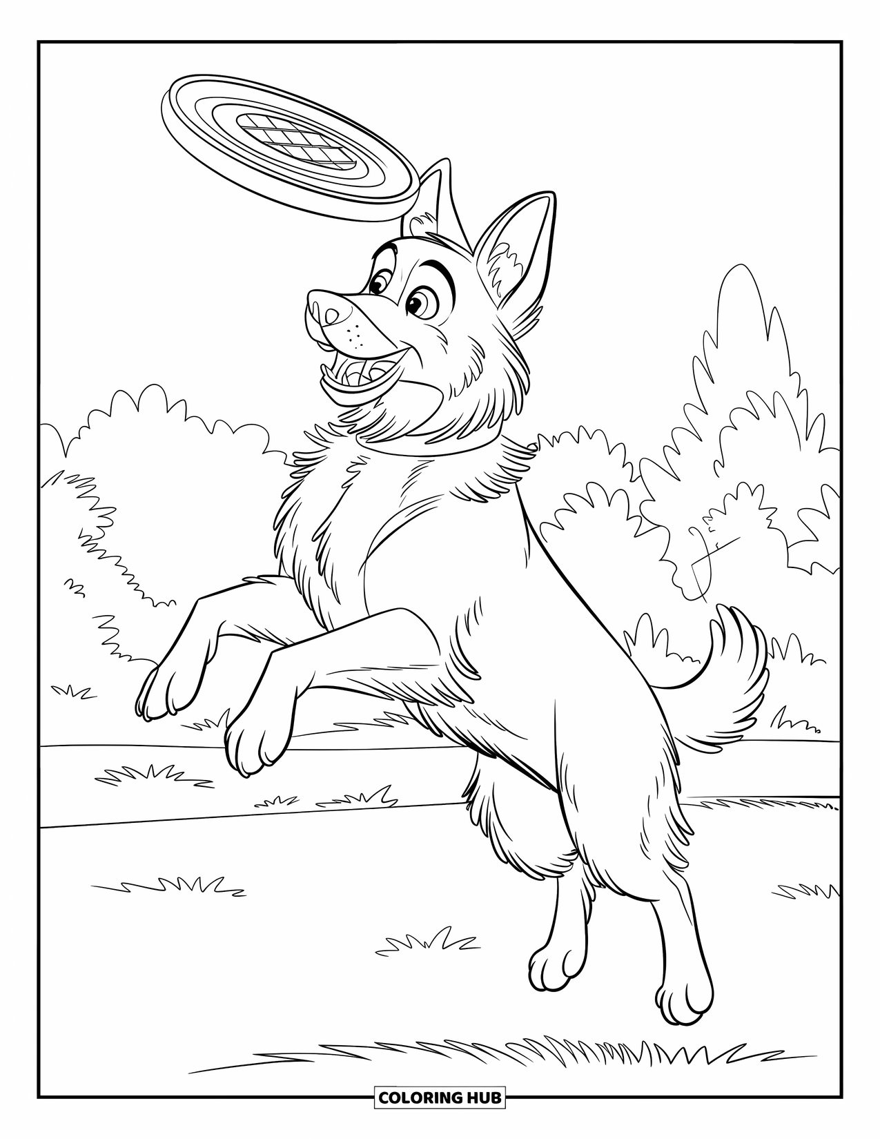 Desenho de Pastor Alemão para Colorir para Crianças: Um cão perseguindo frisbee salta alto em um campo gramado