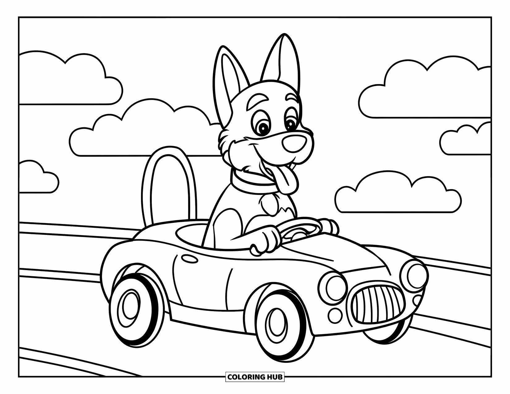 Desenho de Pastor Alemão para Colorir para Crianças: Um passeio divertido em um carrinho de brinquedo sob um céu de nuvens