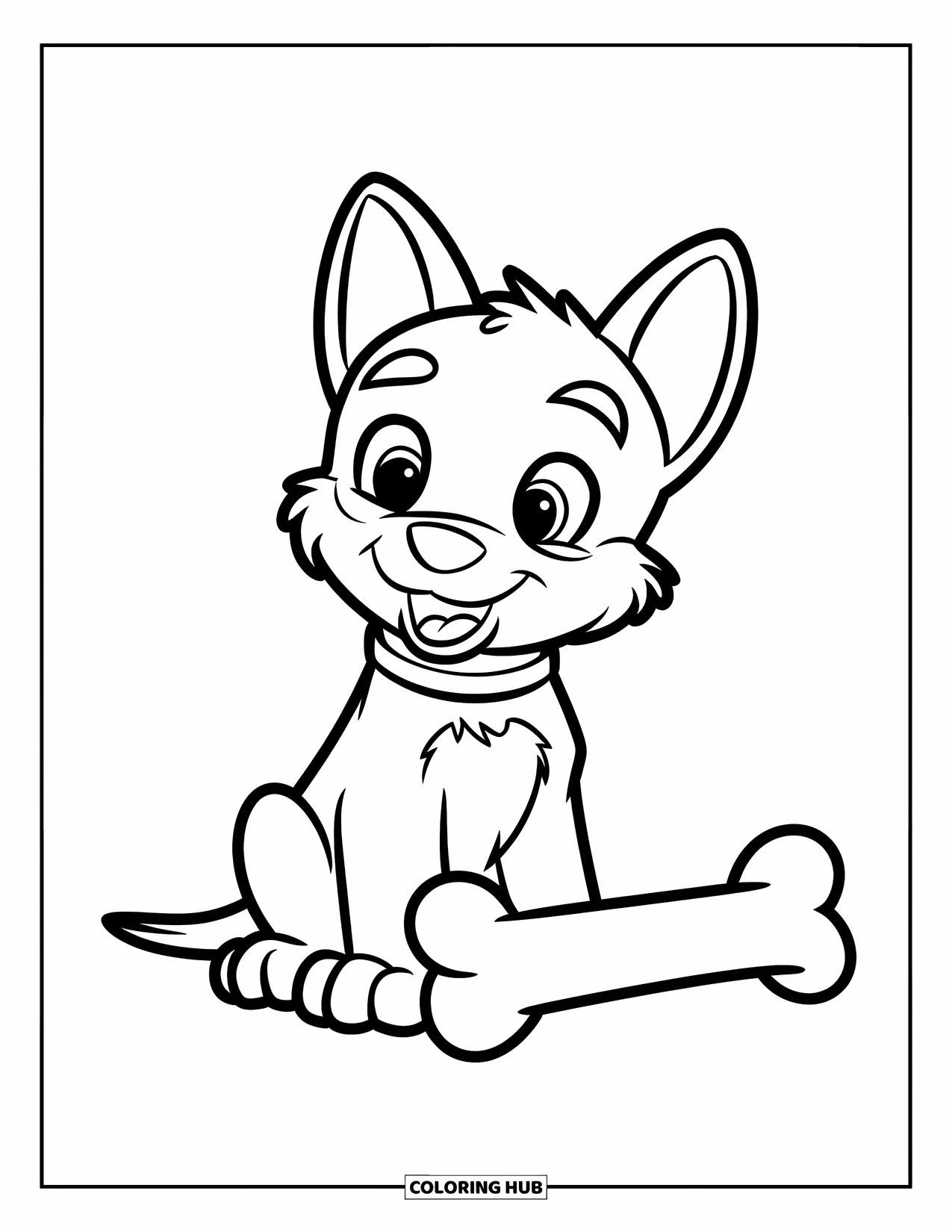 Desenho de Pastor Alemão para Colorir para Crianças: Um filhote de Pastor Alemão com uma coleira vermelha senta-se ao lado de um osso grande, com contorno nítido