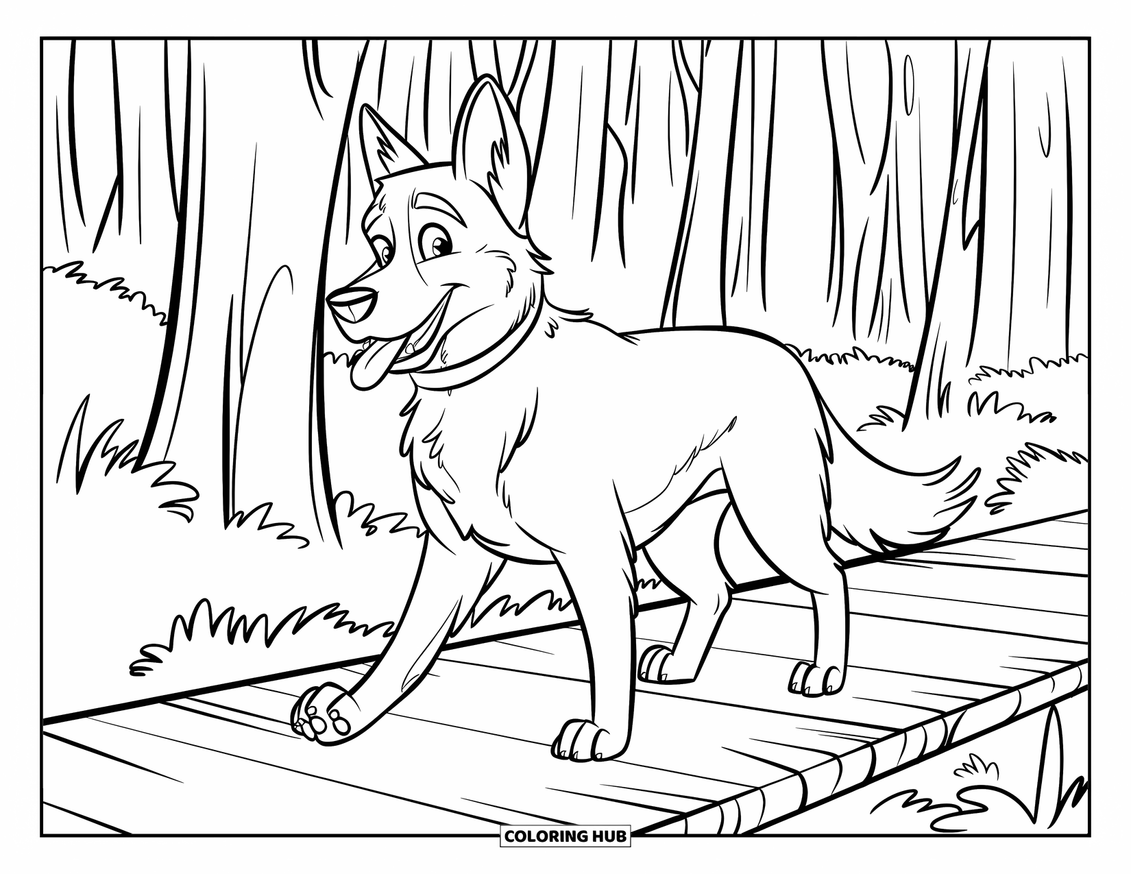 Desenho de Pastor Alemão para Colorir para Crianças: Um Pastor Alemão passeia por um caminho de madeira através de uma floresta tranquila