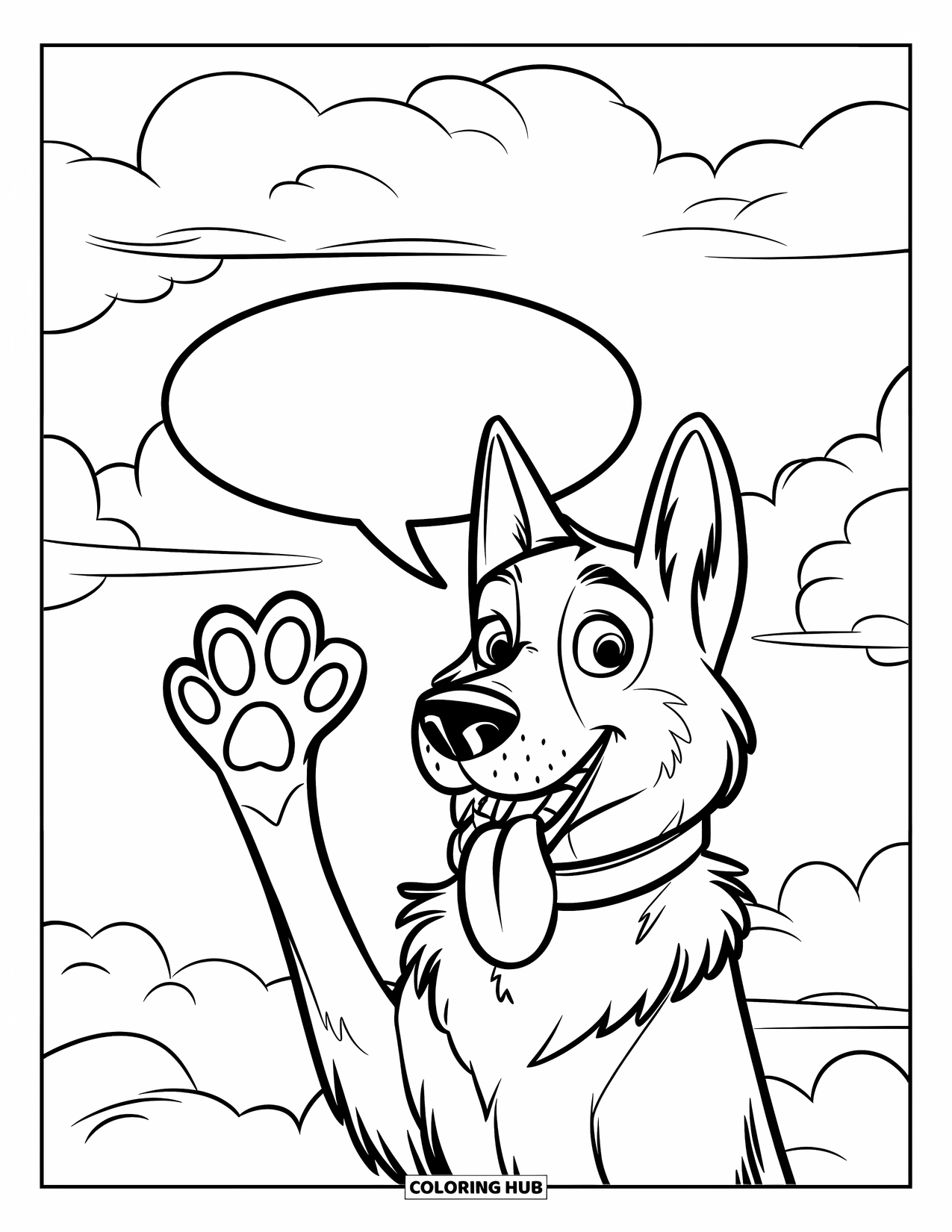 Desenho de Pastor Alemão para Colorir para Crianças: Um cão feliz levanta a pata sob nuvens fofas