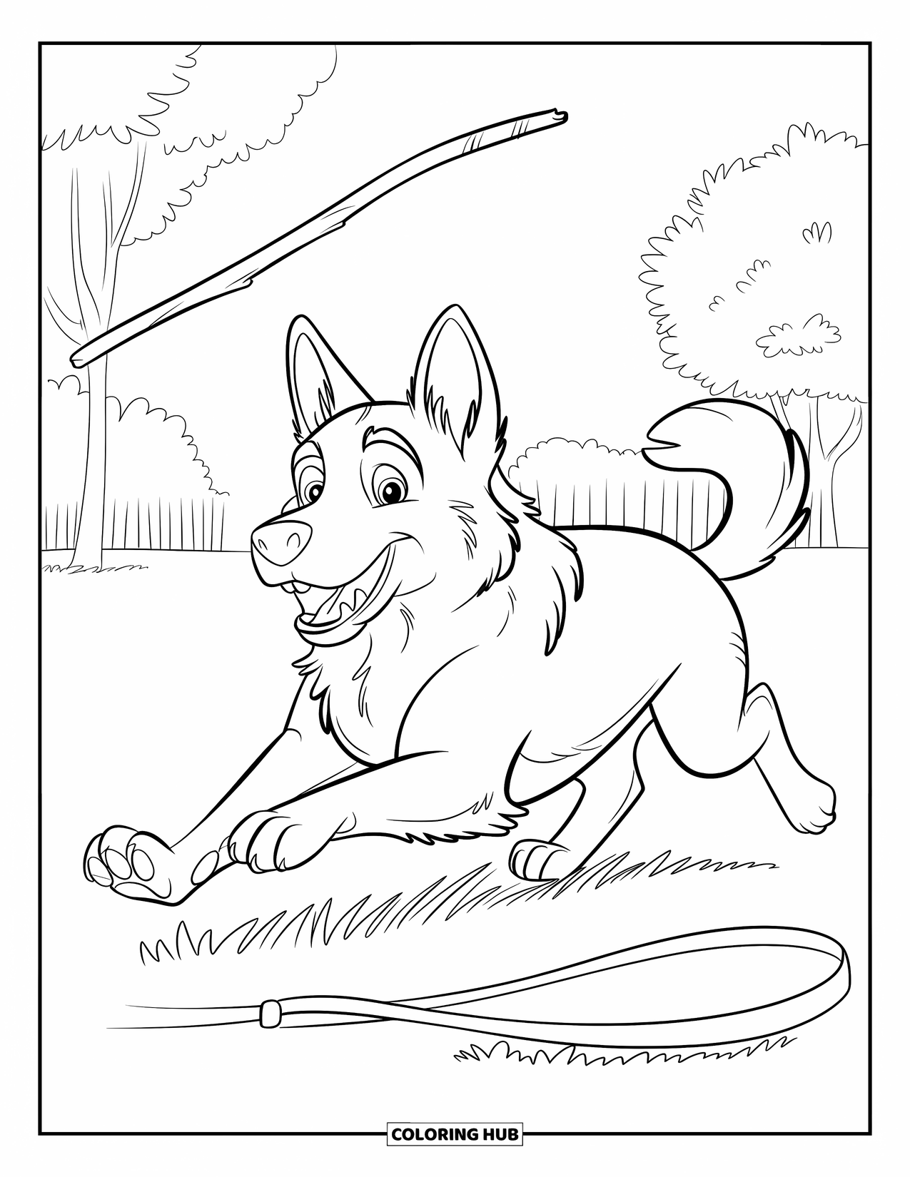 Desenho de Pastor Alemão para Colorir para Crianças: Um cão feliz corre atrás de um graveto em um parque com árvores