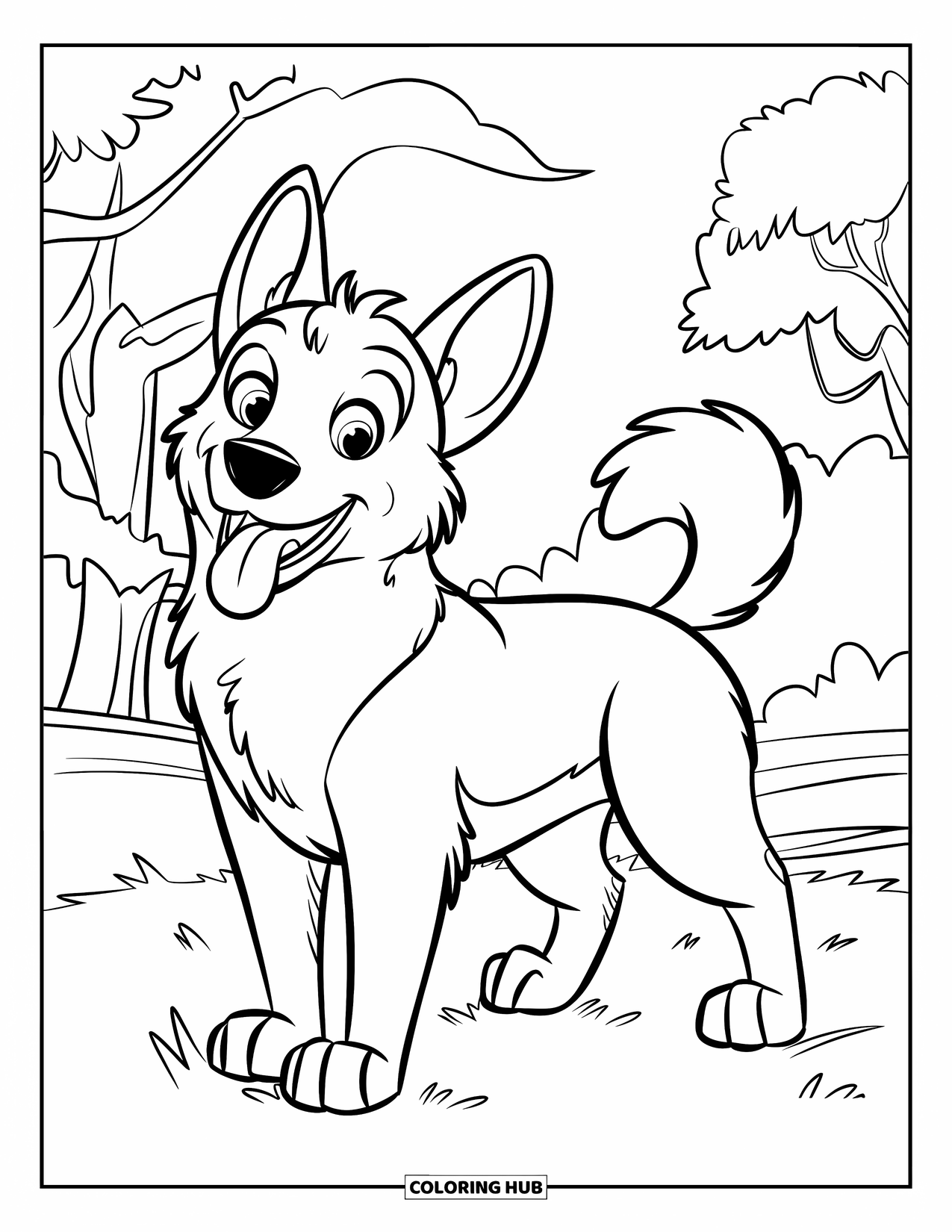 Desenho de Pastor Alemão para Colorir para Crianças: Um Pastor Alemão feliz com o rabo abanando fica sob árvores e nuvens em um campo gramado