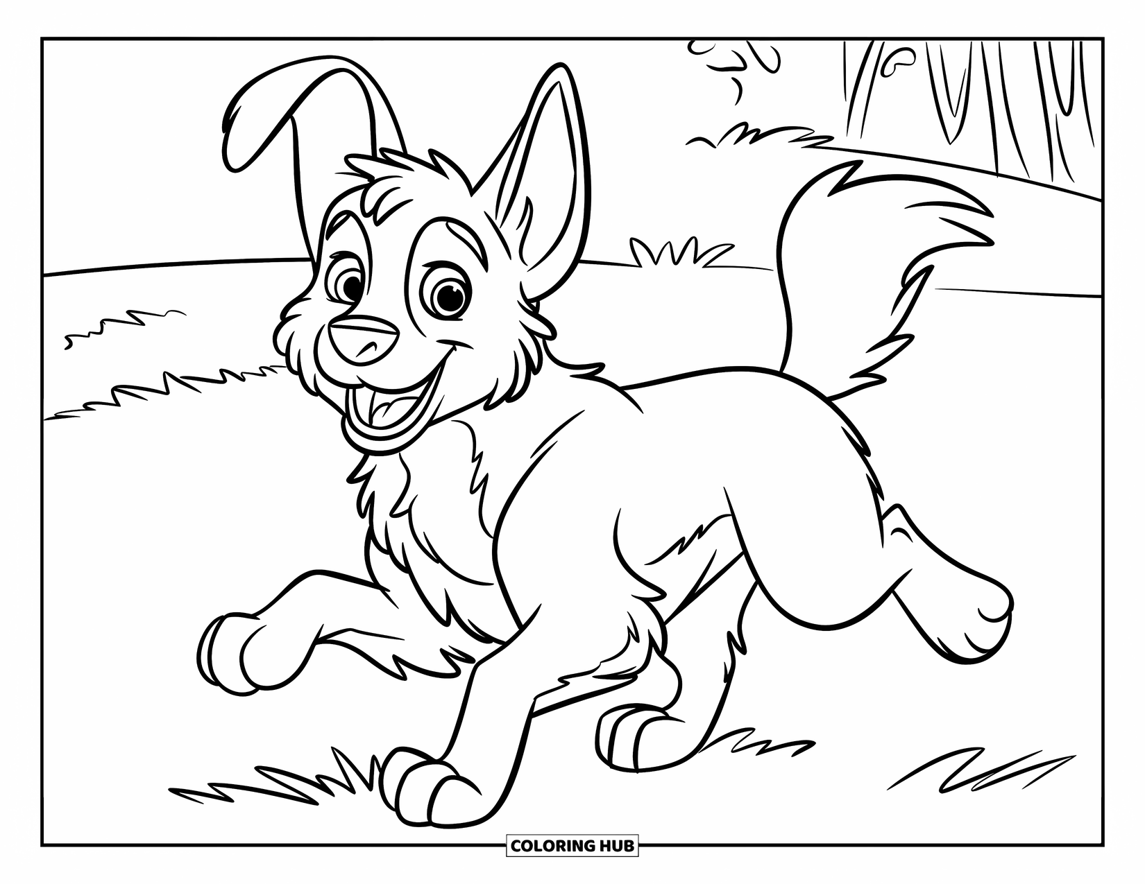 Desenho de Pastor Alemão para Colorir para Crianças: Um filhote feliz corre pelo campo com as orelhas voando