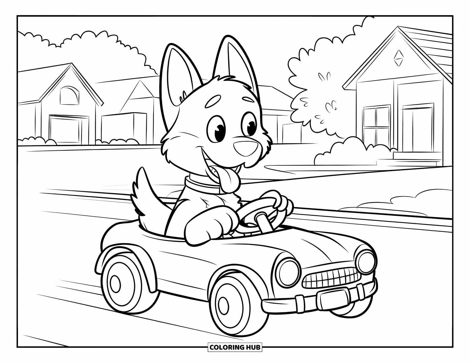 Desenho de Pastor Alemão para Colorir para Crianças: Um Pastor Alemão feliz anda em um carrinho de brinquedo por um bairro