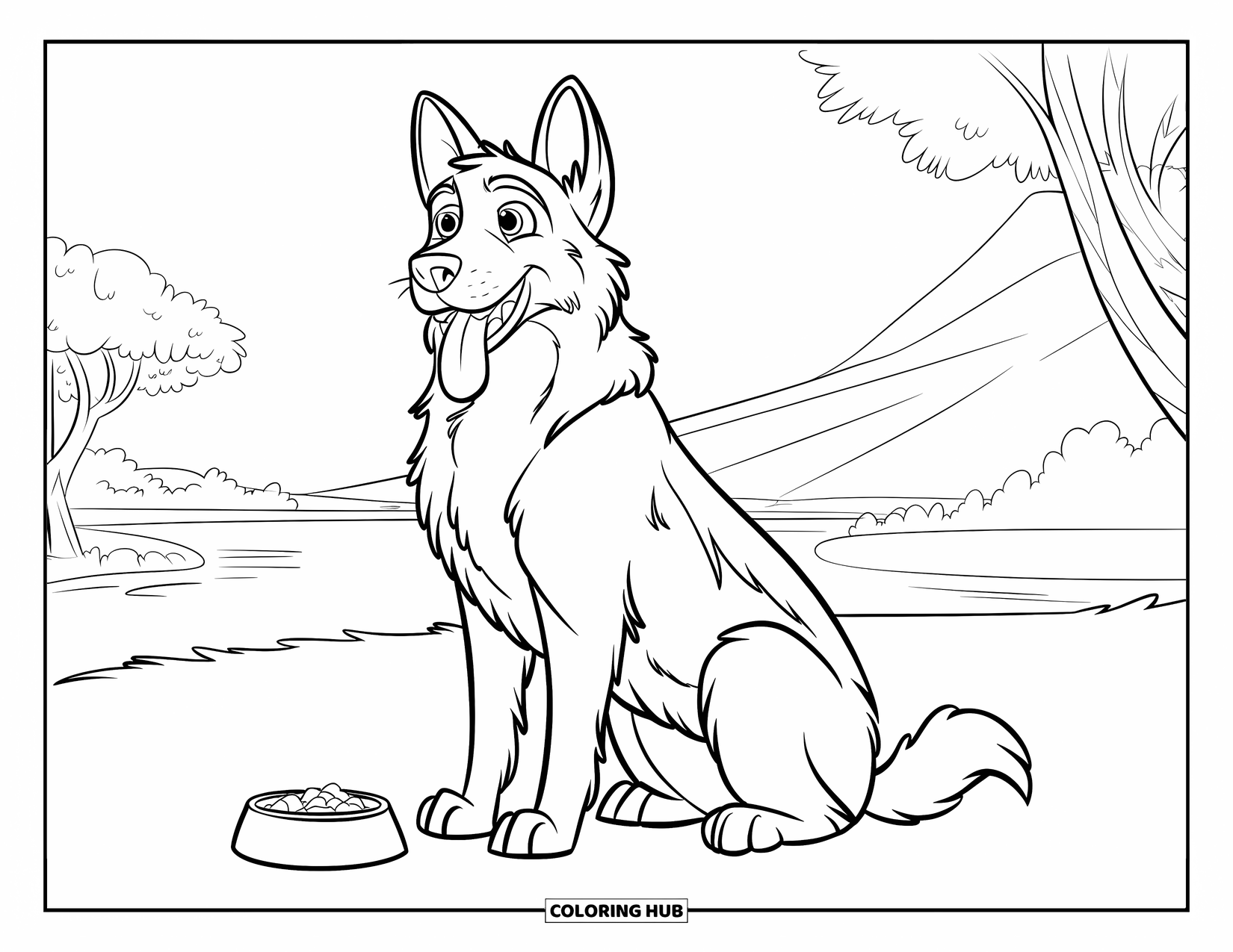 Desenho de Pastor Alemão para Colorir para Crianças: Um cão faminto inclina a cabeça perto de uma tigela em uma vista da montanha