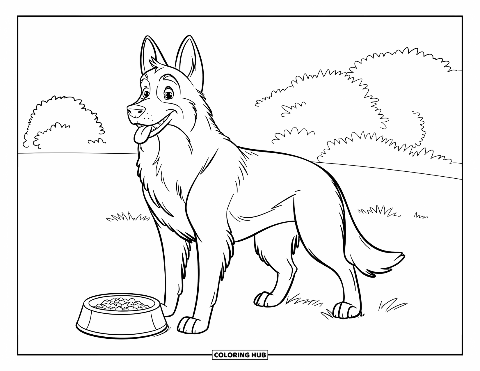 Desenho de Pastor Alemão para Colorir para Crianças: Um Pastor Alemão faminto fica perto de uma tigela de comida na grama