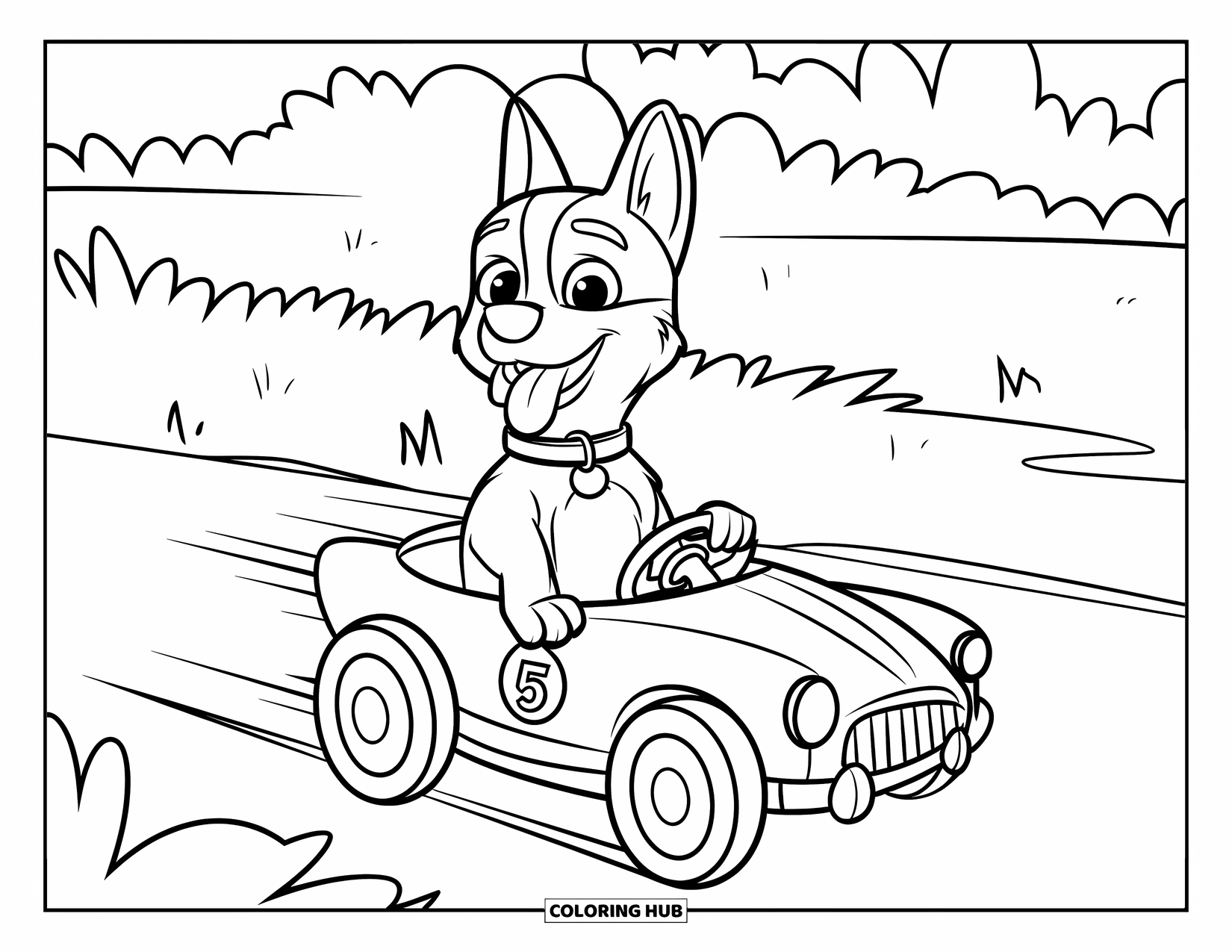 Desenho de Pastor Alemão para Colorir para Crianças: Um passeio alegre para um cão em um carrinho de brinquedo em um caminho gramado