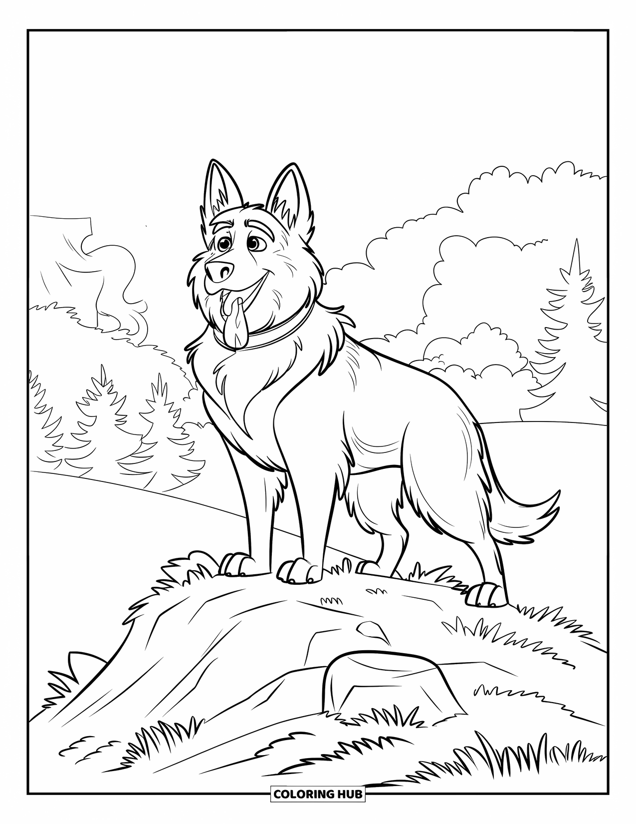 Desenho de Pastor Alemão para Colorir para Crianças: Um Pastor Alemão majestoso fica alto no topo de uma colina rochosa