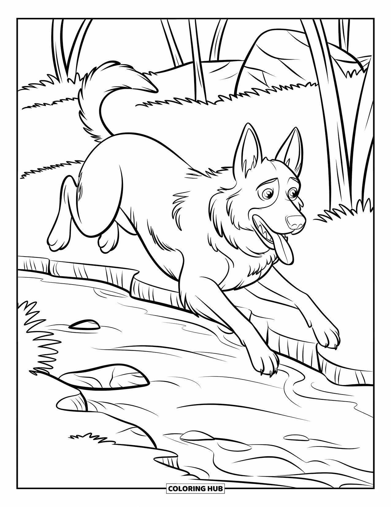 Desenho de Pastor Alemão para Colorir para Crianças: Um salto no ar sobre um riacho calmo com as patas estendidas