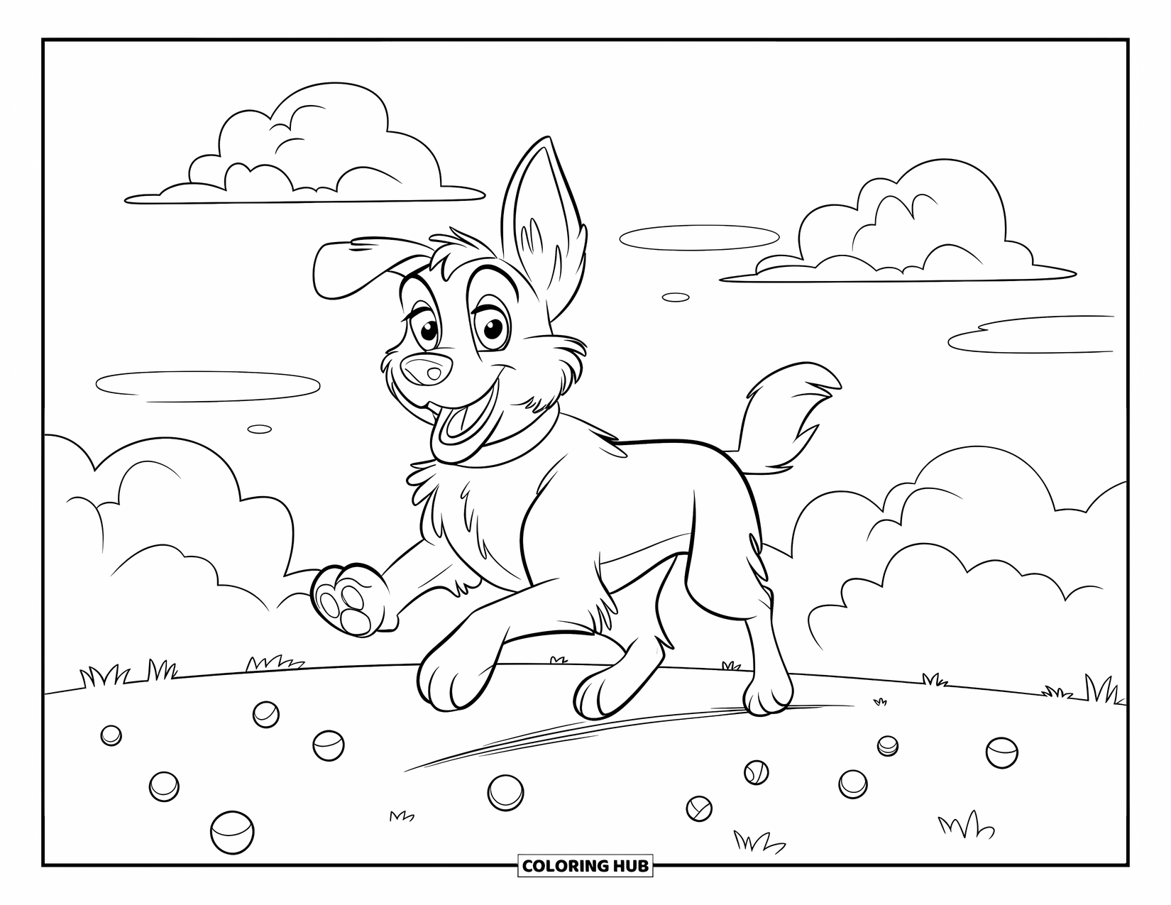 Desenho de Pastor Alemão para Colorir para Crianças: Um cão brincalhão com orelhas caídas corre por nuvens e bolas de tênis