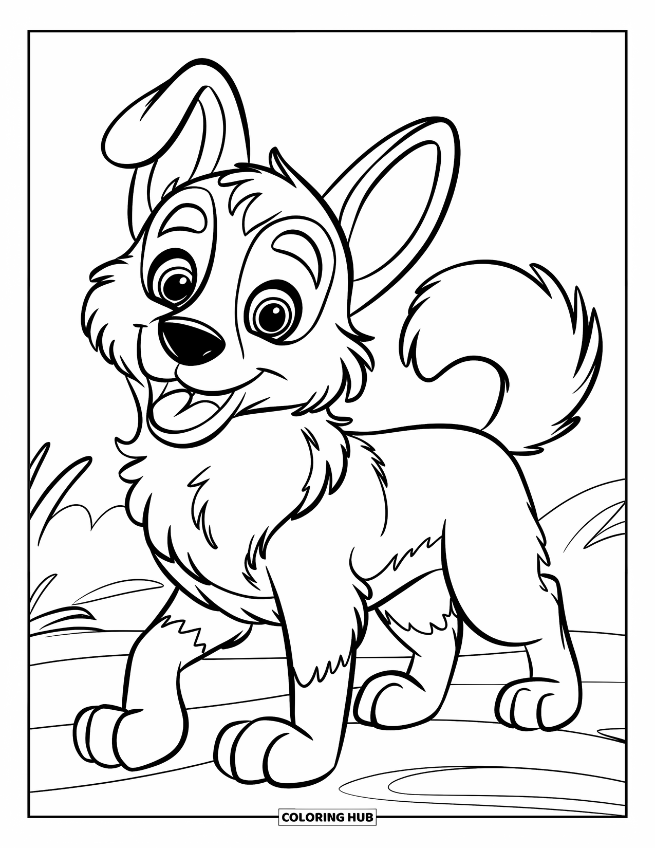 Desenho de Pastor Alemão para Colorir para Crianças: Um Pastor Alemão brincalhão com olhos expressivos e um pelo fofo fica em um fundo limpo e simples