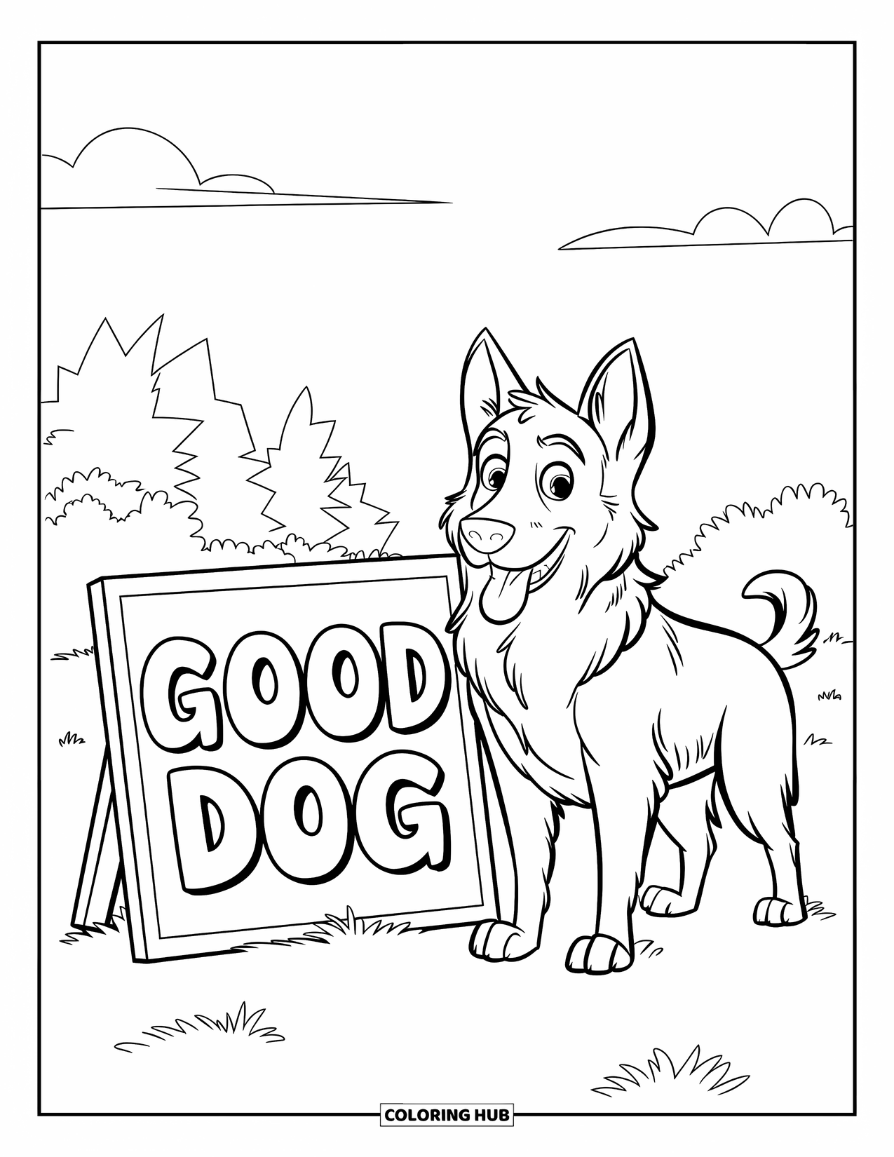 Desenho de Pastor Alemão para Colorir para Crianças: Um Pastor Alemão brincalhão fica orgulhosamente ao lado de uma placa com letras de bolhas