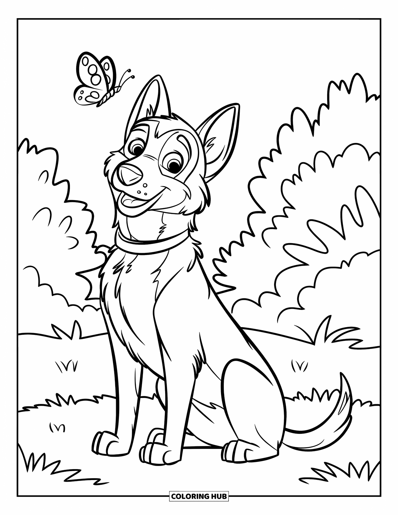 Desenho de Pastor Alemão para Colorir para Crianças: Um cão relaxado sorri para uma borboleta sob árvores e grama macias