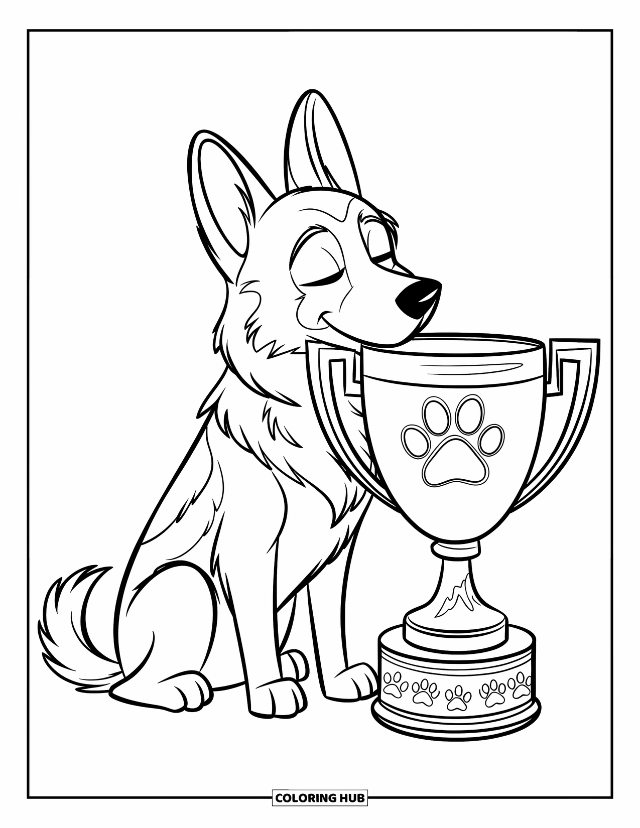 Desenho de Pastor Alemão para Colorir para Crianças: Um filhote relaxado se inclina contra seu troféu de impressão de pata com orgulho silencioso