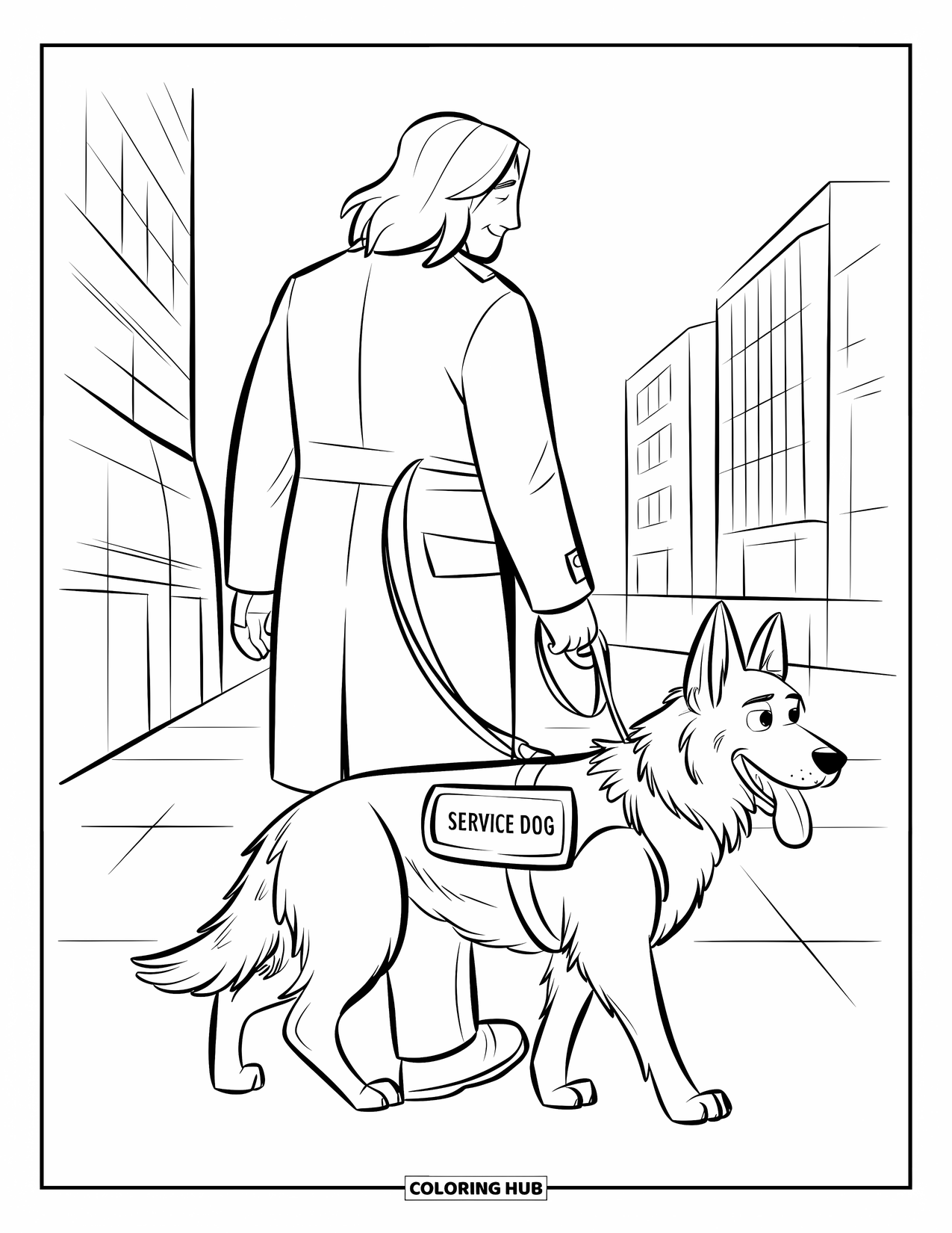 Desenho de Pastor Alemão para Colorir para Crianças: Um cão de serviço caminha orgulhosamente ao lado de seu tratador na cidade