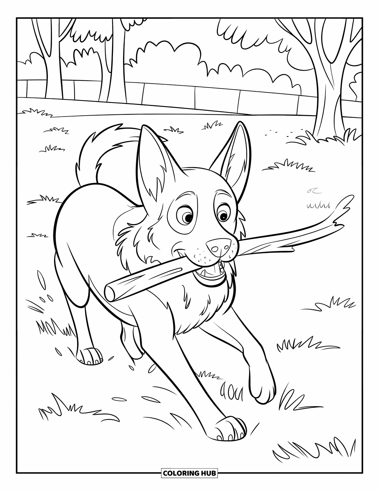 Desenho de Pastor Alemão para Colorir para Crianças: Um Pastor Alemão persegue seu graveto perto de uma cerca em um parque gramado