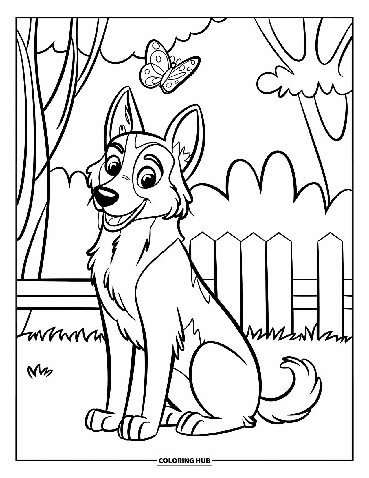 Desenho de Pastor Alemão para Colorir para Crianças: Um Pastor Alemão sentado observa uma borboleta flutuar perto de sua cabeça