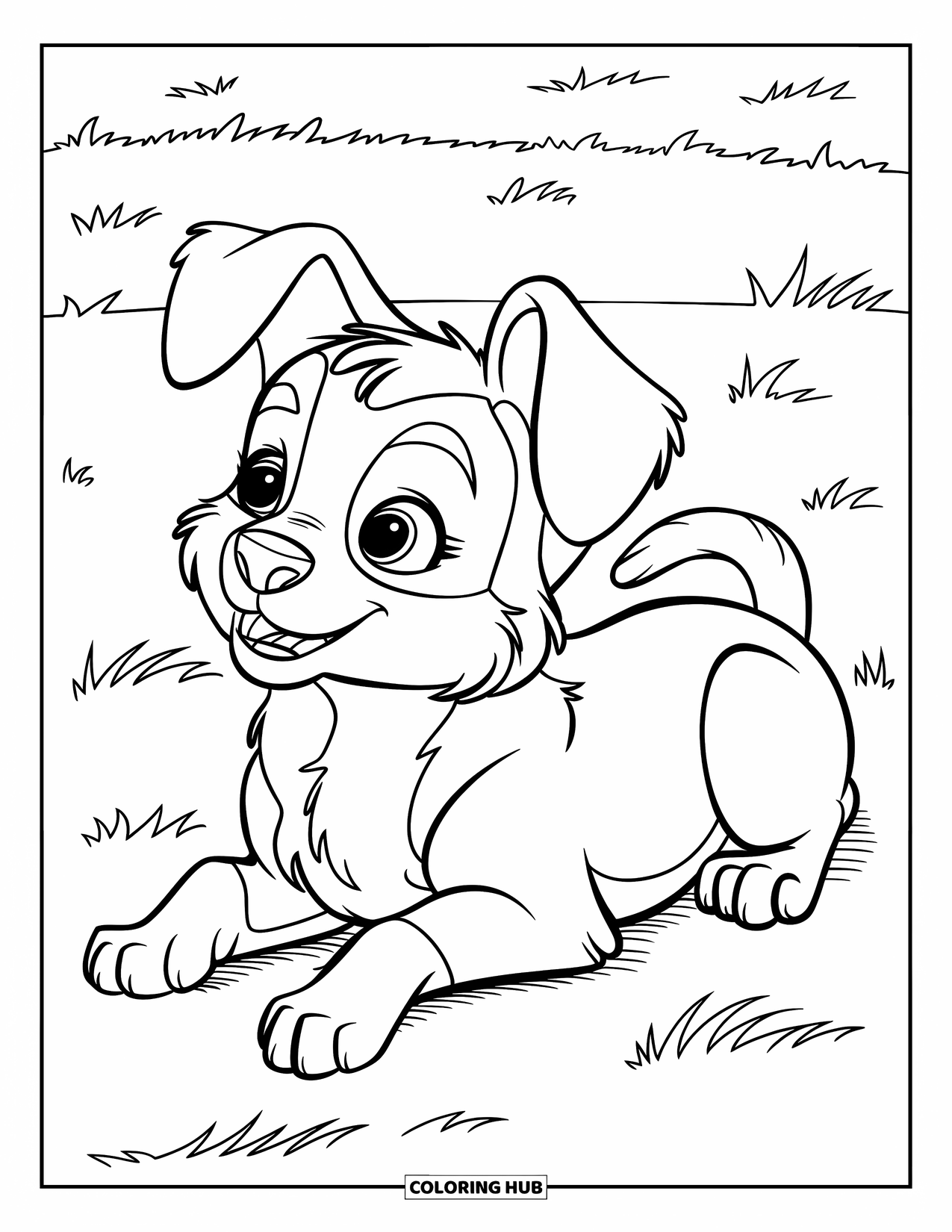 Desenho de Pastor Alemão para Colorir para Crianças: Um cão pequeno com orelhas caídas deita-se pacificamente na grama