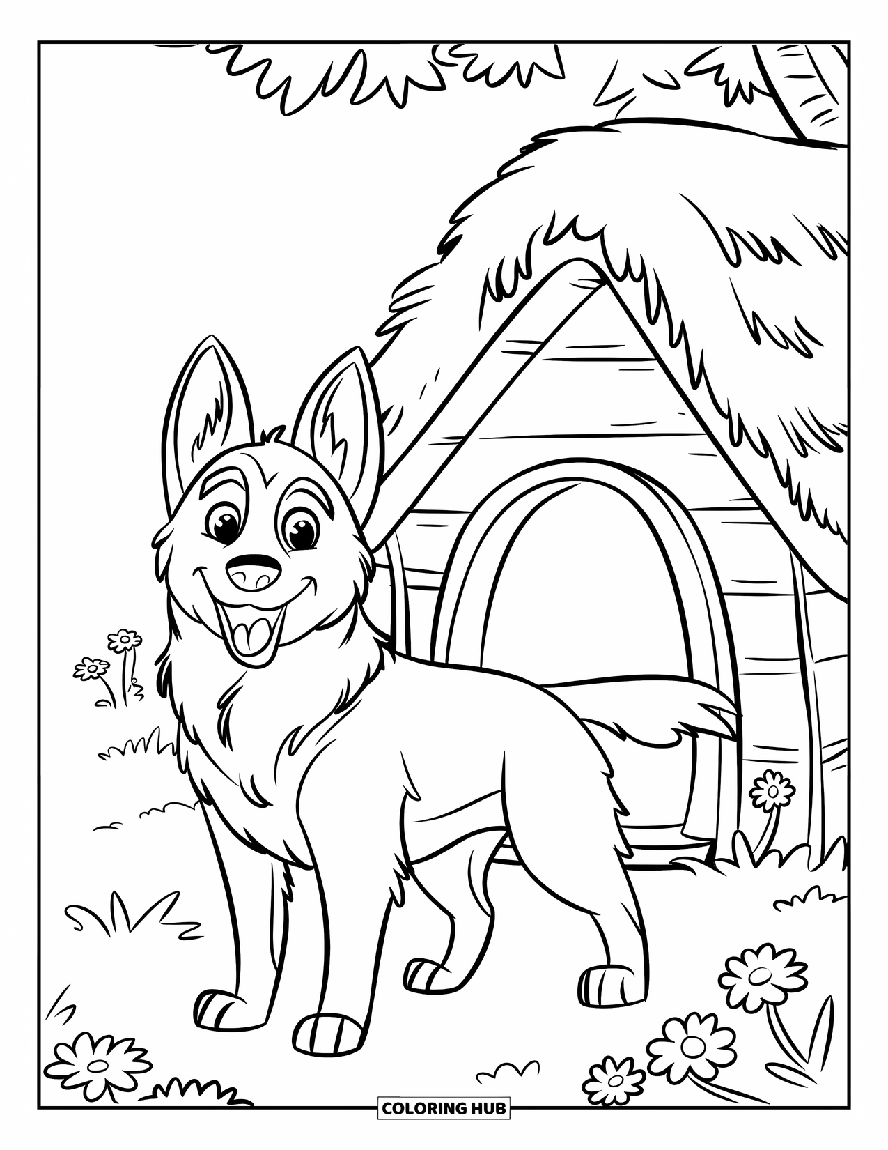 Desenho de Pastor Alemão para Colorir para Crianças: Um Pastor Alemão sorridente fica orgulhosamente em frente a uma casinha de cachorro de madeira aconchegante cercada por flores