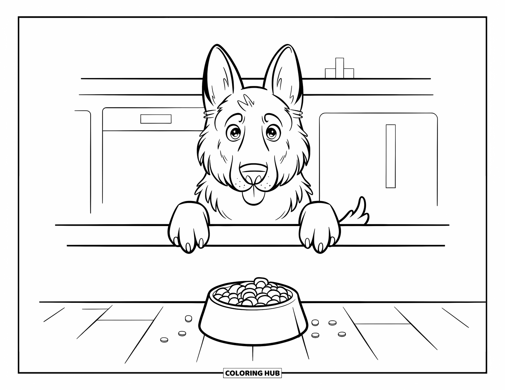 Desenho de Pastor Alemão para Colorir para Crianças: Um filhote sorrateiro tenta pegar comida do balcão da cozinha