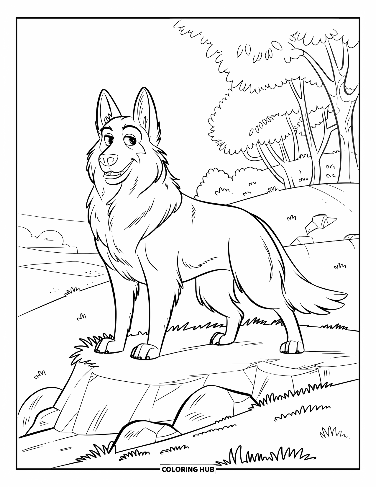 Desenho de Pastor Alemão para Colorir para Crianças: Um Pastor Alemão forte fica alto em uma rocha com árvores ao redor