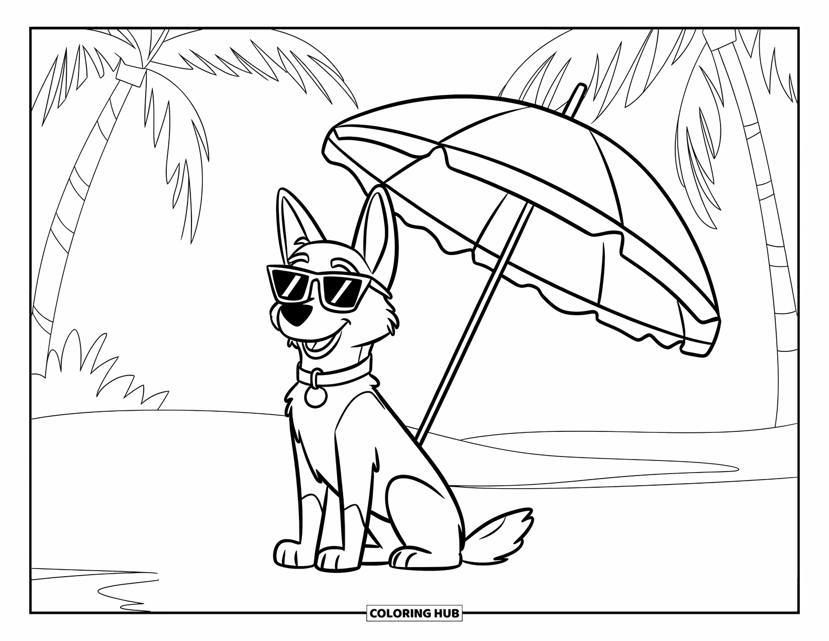 Desenho de Pastor Alemão para Colorir para Crianças: Um Pastor Alemão estiloso relaxa na praia sob uma palmeira