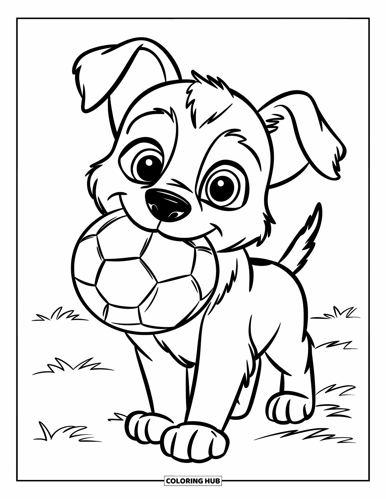 Desenho de Pastor Alemão para Colorir para Crianças: Um filhote de Pastor Alemão de olhos doces carrega uma bola manchada em um campo gramado simples