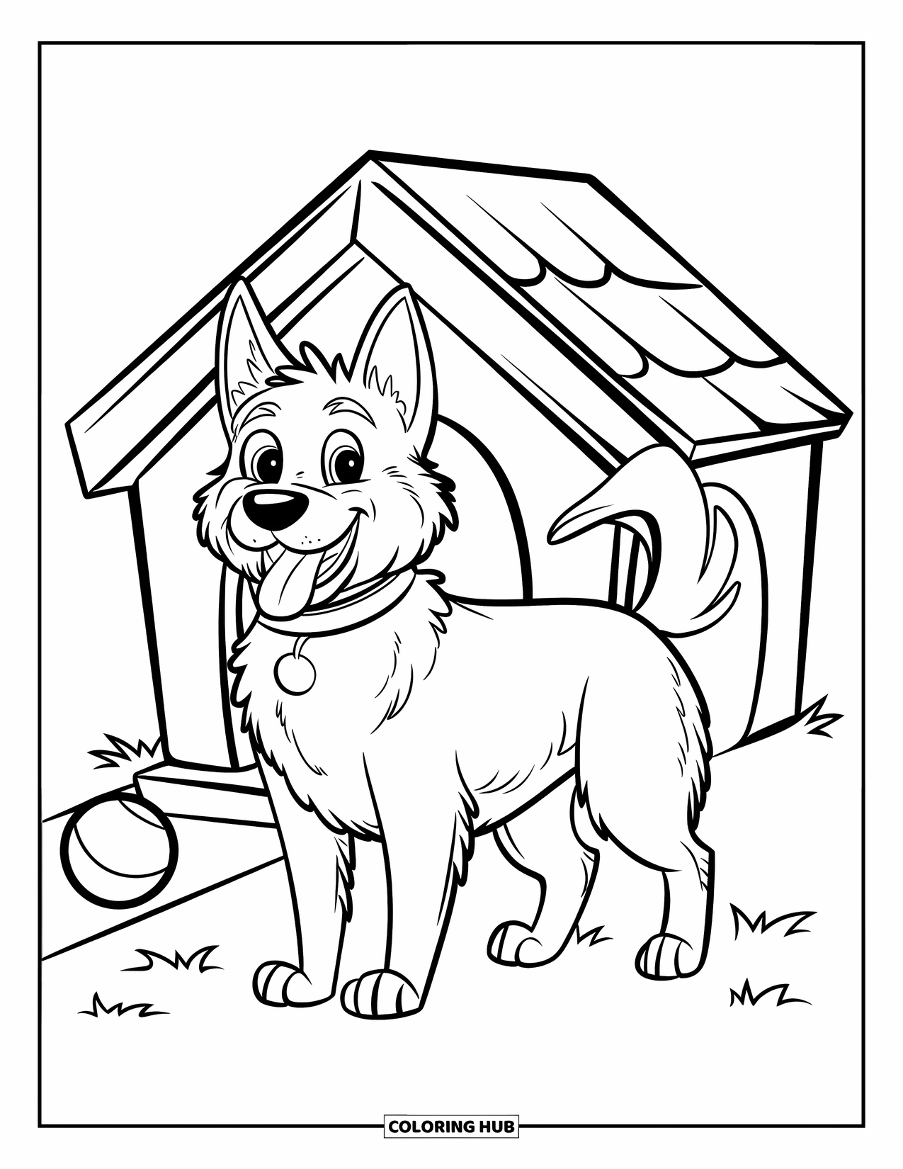 Desenho de Pastor Alemão para Colorir para Crianças: Um Pastor Alemão com a língua para fora fica ao lado de uma casinha de cachorro e uma bola azul em um pedaço de grama