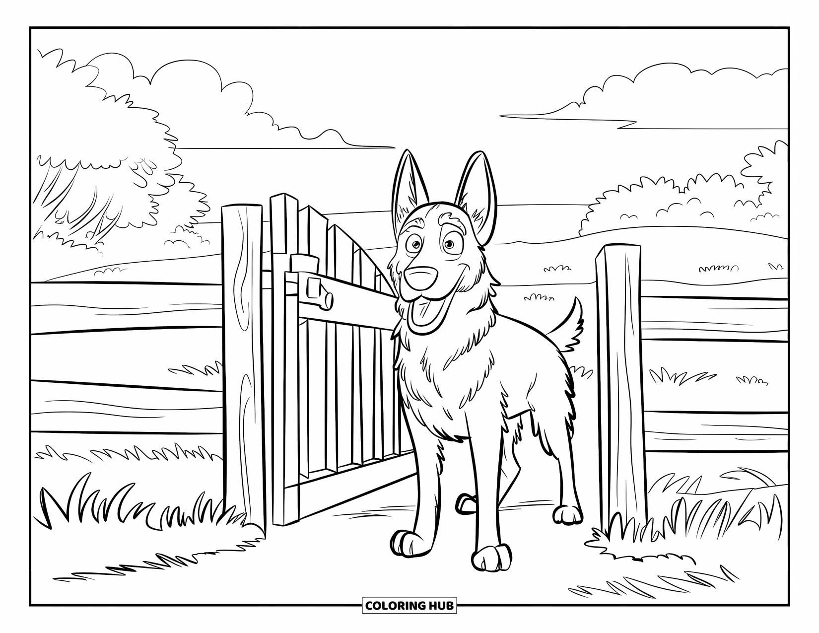 Desenho de Pastor Alemão para Colorir para Crianças: Um cão vigilante guarda uma cerca com árvores e céus nublados