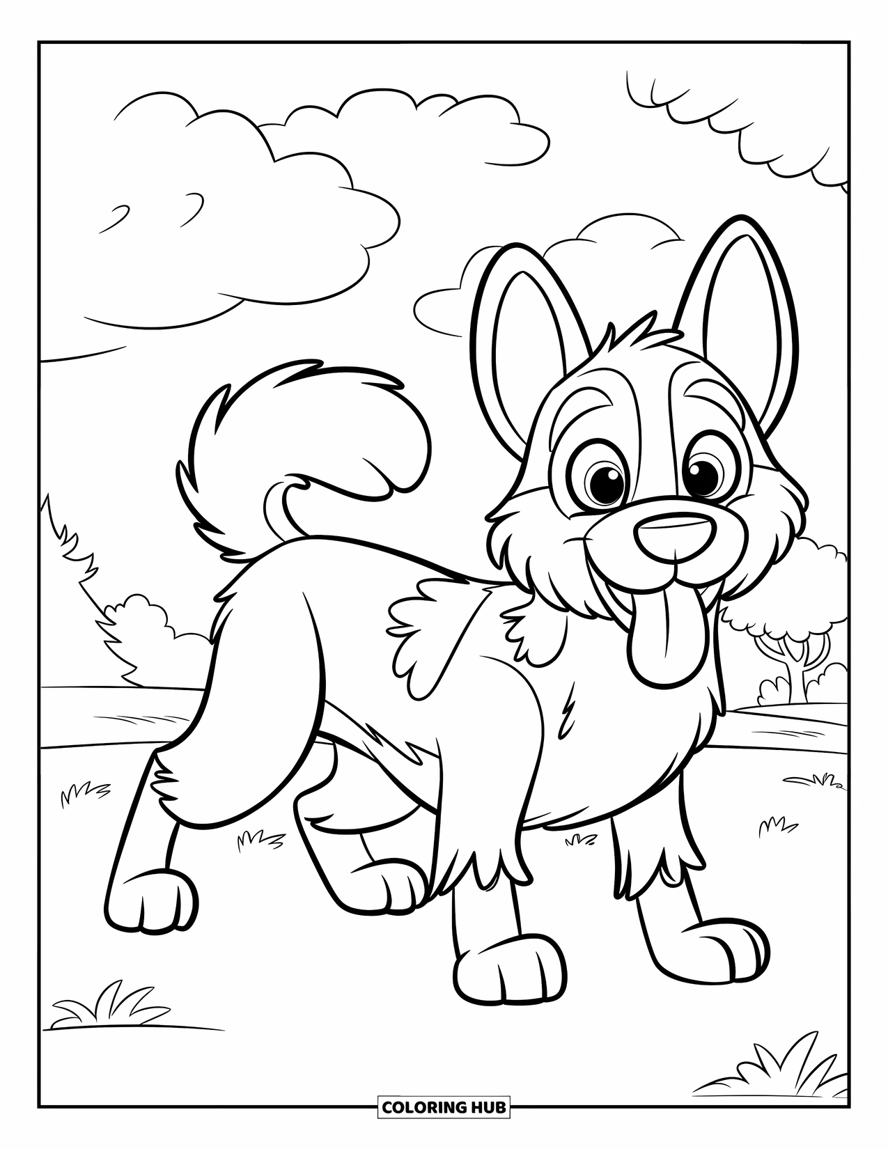 Desenho de Pastor Alemão para Colorir para Crianças: Um Pastor Alemão de olhos arregalados com a língua para fora fica sob nuvens fofas em uma área gramada