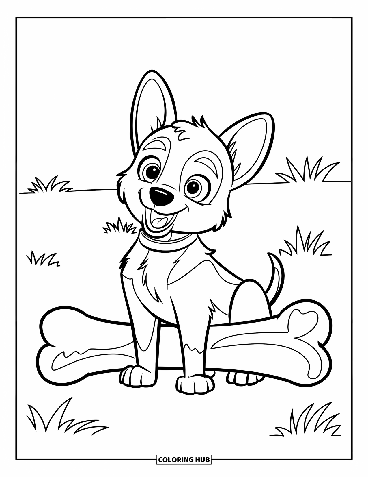 Desenho de Pastor Alemão para Colorir para Crianças: Um filhote de olhos arregalados com uma coleira senta-se na grama ao lado de um osso gigante com marcas de mordida visíveis