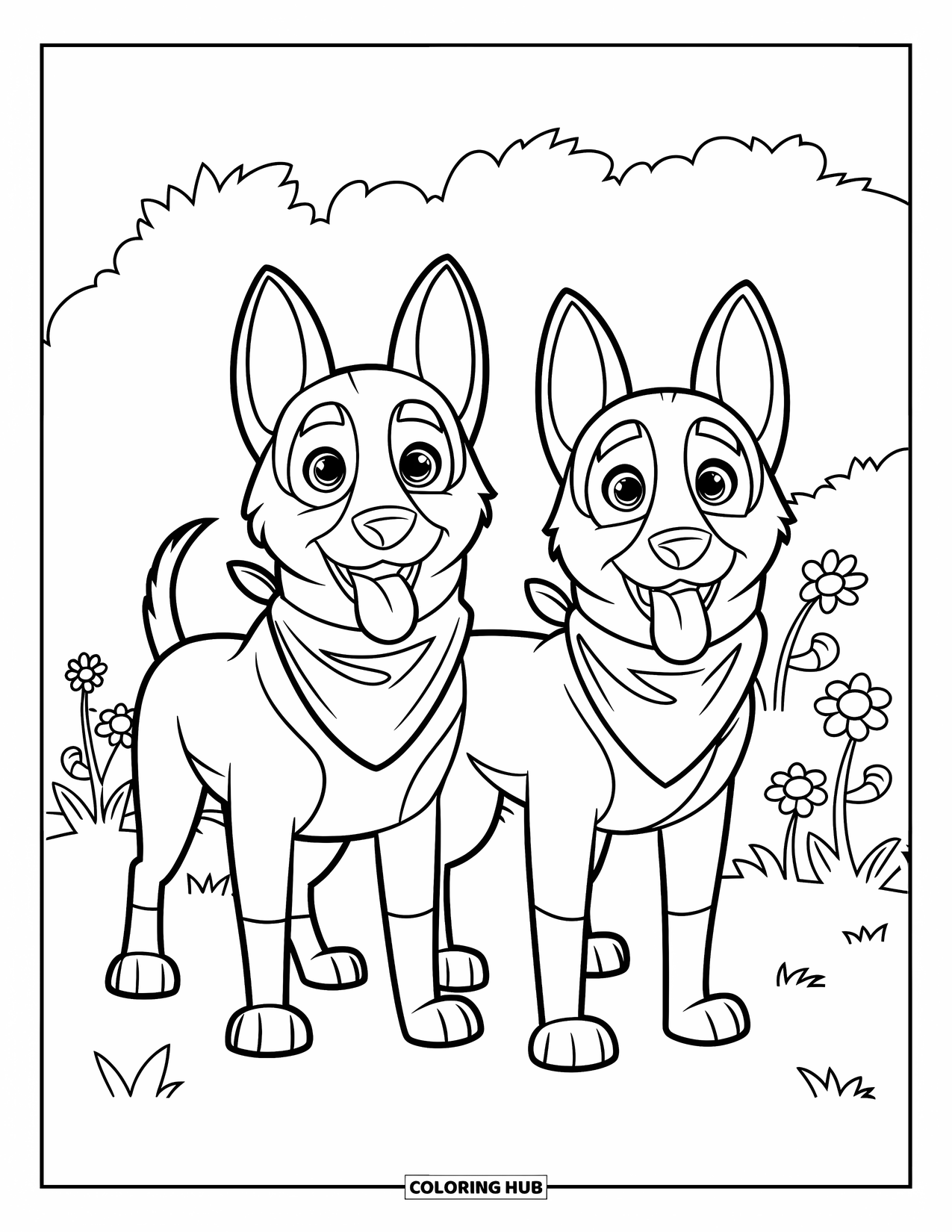 Desenho de Pastor Alemão para Colorir para Crianças: Cães confiantes ficam altos em uma cena simples cheia de flores