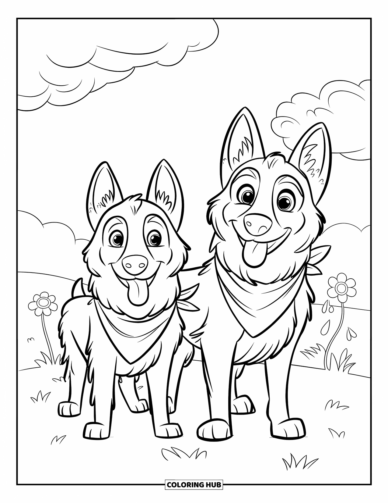 Desenho de Pastor Alemão para Colorir para Crianças: Filhotes fofos em bandanas posam sob um céu azul e flores