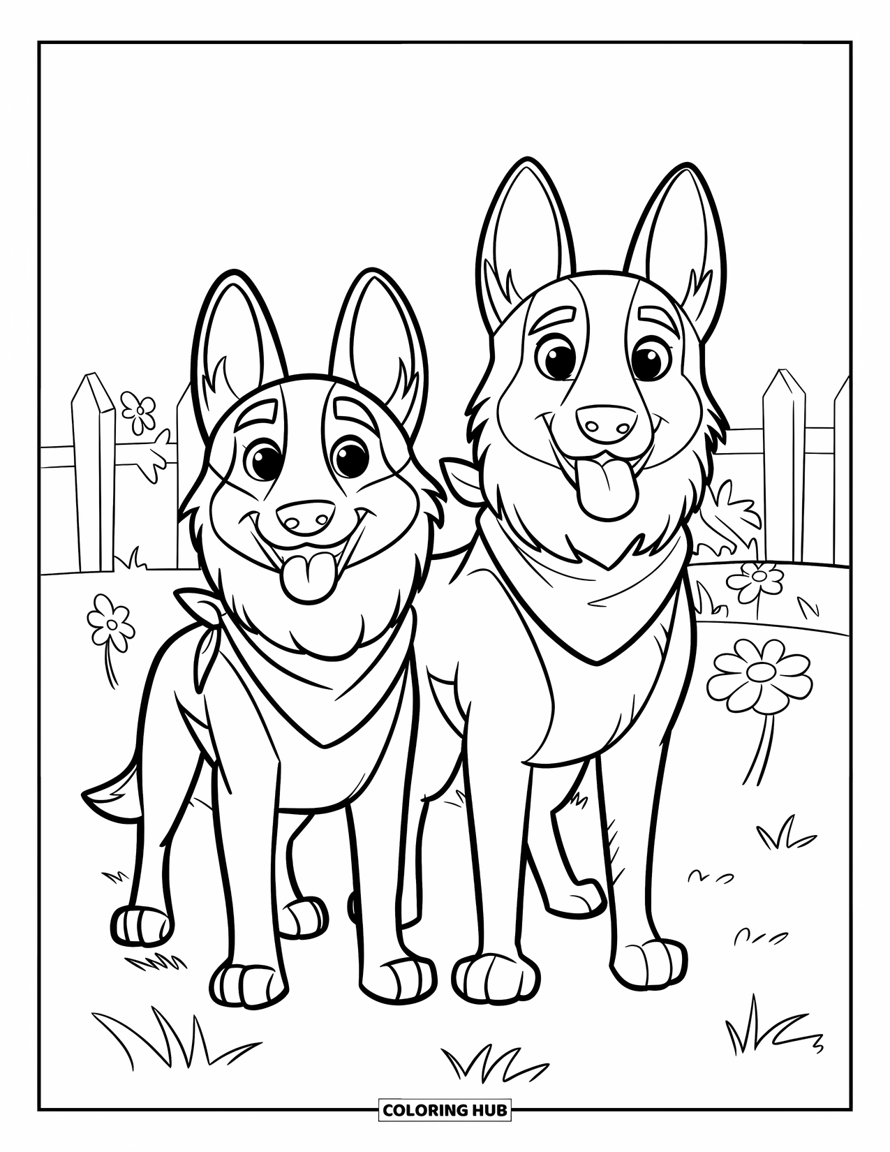 Desenho de Pastor Alemão para Colorir para Crianças: Dois Pastores Alemães usando bandana ficam orgulhosamente em um campo de flores