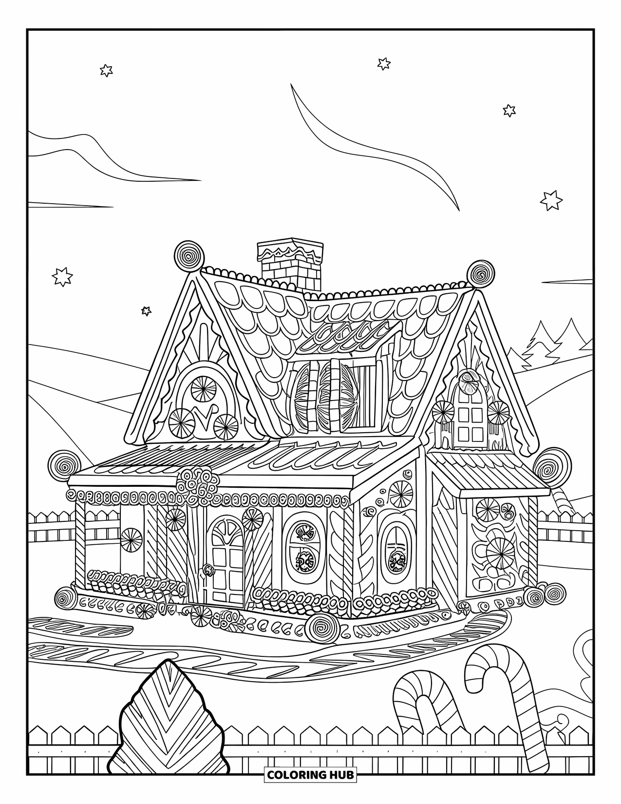 Desen de colorat cu o casă frumos decorată de turtă dulce cu bastoane de acadea și detalii delicate de glazură