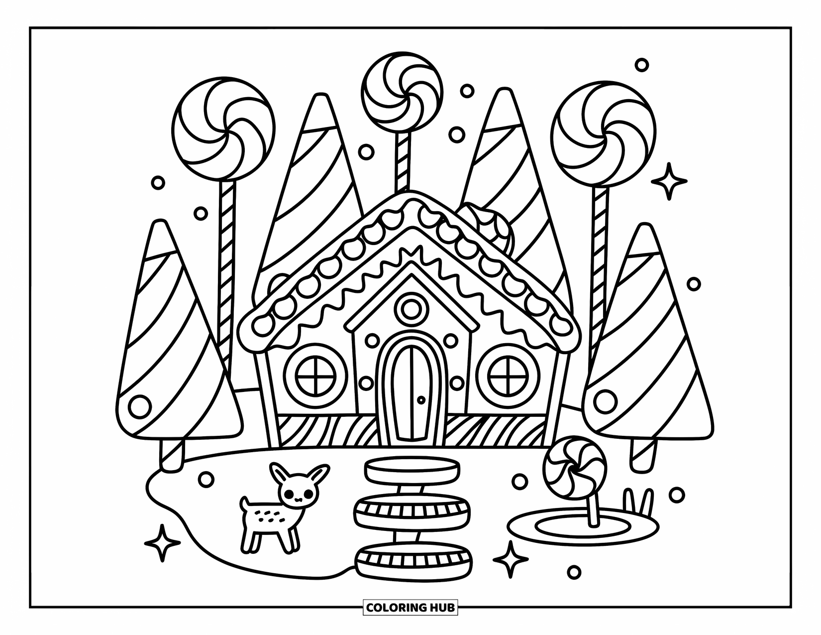 Desen de colorat cu o căsuță de turtă dulce pentru adulți: O cabană fermecătoare de turtă dulce este ascunsă printre copaci de bomboane, cu un cerb mic în apropiere