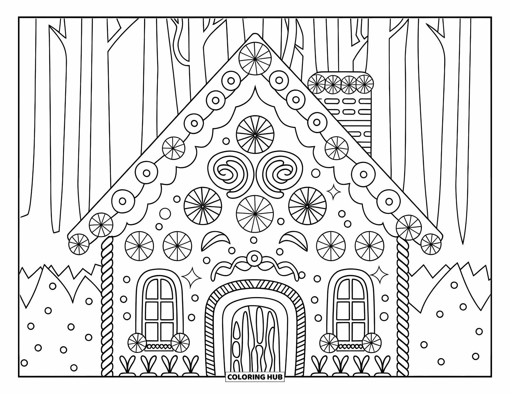 Desen de colorat cu o casă de turtă dulce pentru adulți: O casă fermecătoare de turtă dulce cu glazură florală, mozaicuri de bomboane și detalii de glazură într-o pădure