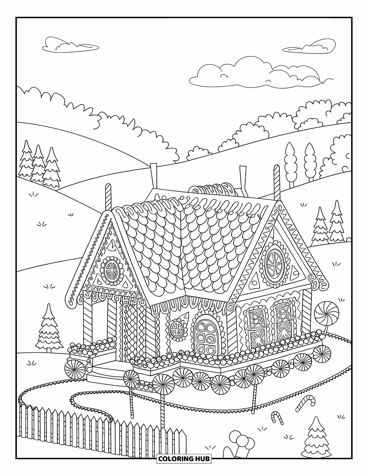 Desen de colorat cu o casă de turtă dulce pentru adulți: O casă fermecătoare de turtă dulce cu decorațiuni complicate de bomboane, dealuri ondulate și o potecă de acadele