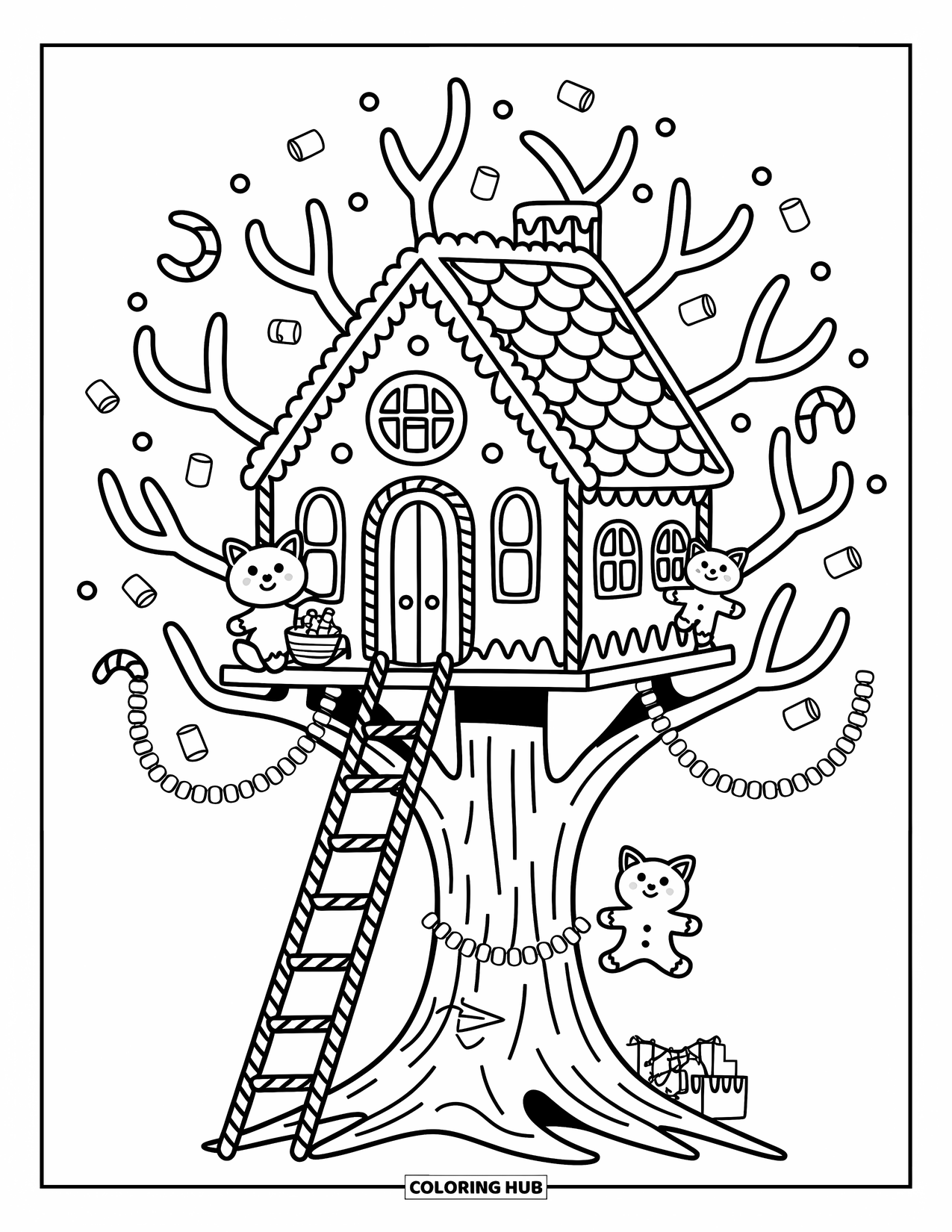 Desen de colorat cu o căsuță de turtă dulce pentru adulți: O casă fermecătoare de turtă dulce în copac, unde o vulpe mică soarbe cacao în timp ce un prieten se urcă