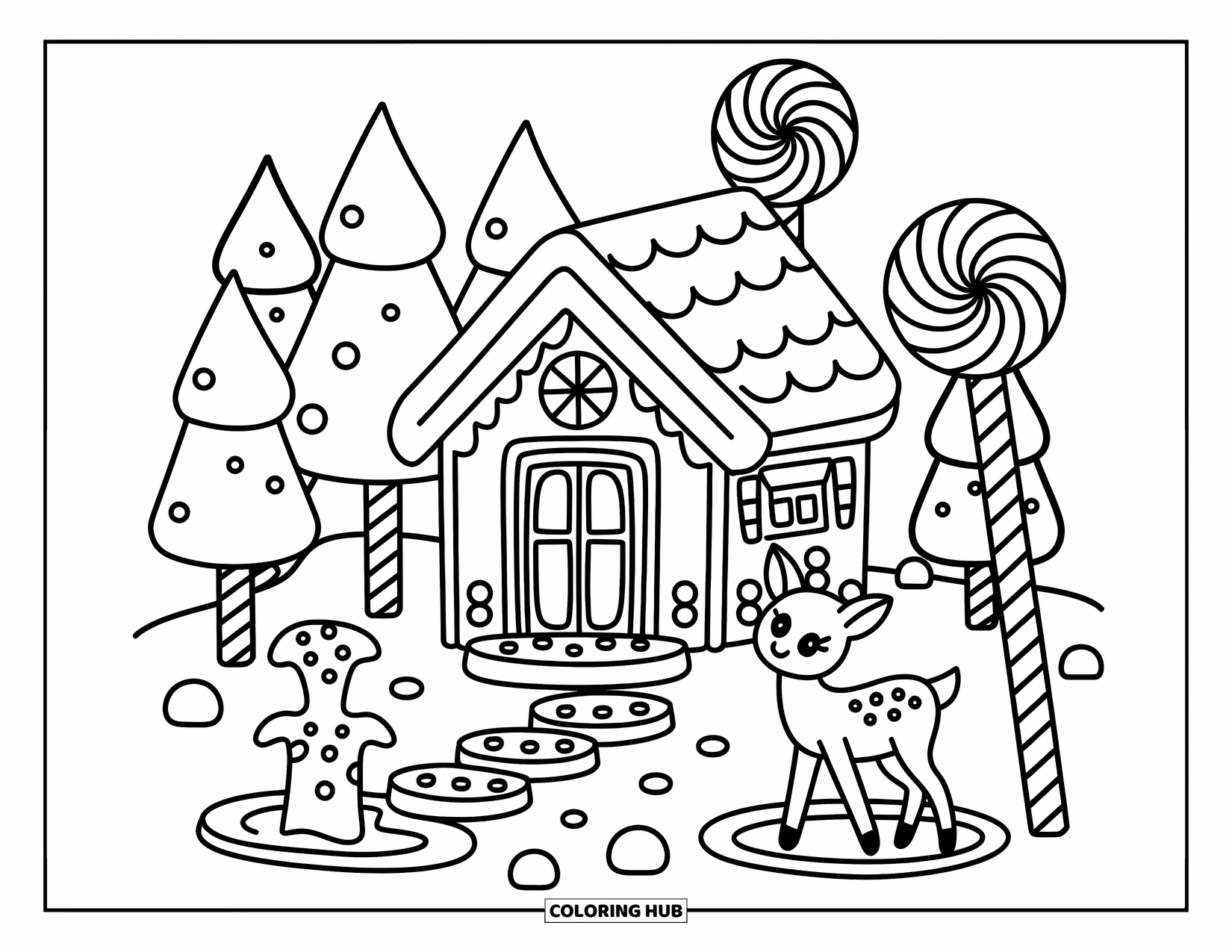 Desen de colorat cu o casă de turtă dulce pentru adulți: O cabană confortabilă de turtă dulce se află printre copaci de acadele, lămpi de bastoane de acadea și un iaz de caramel