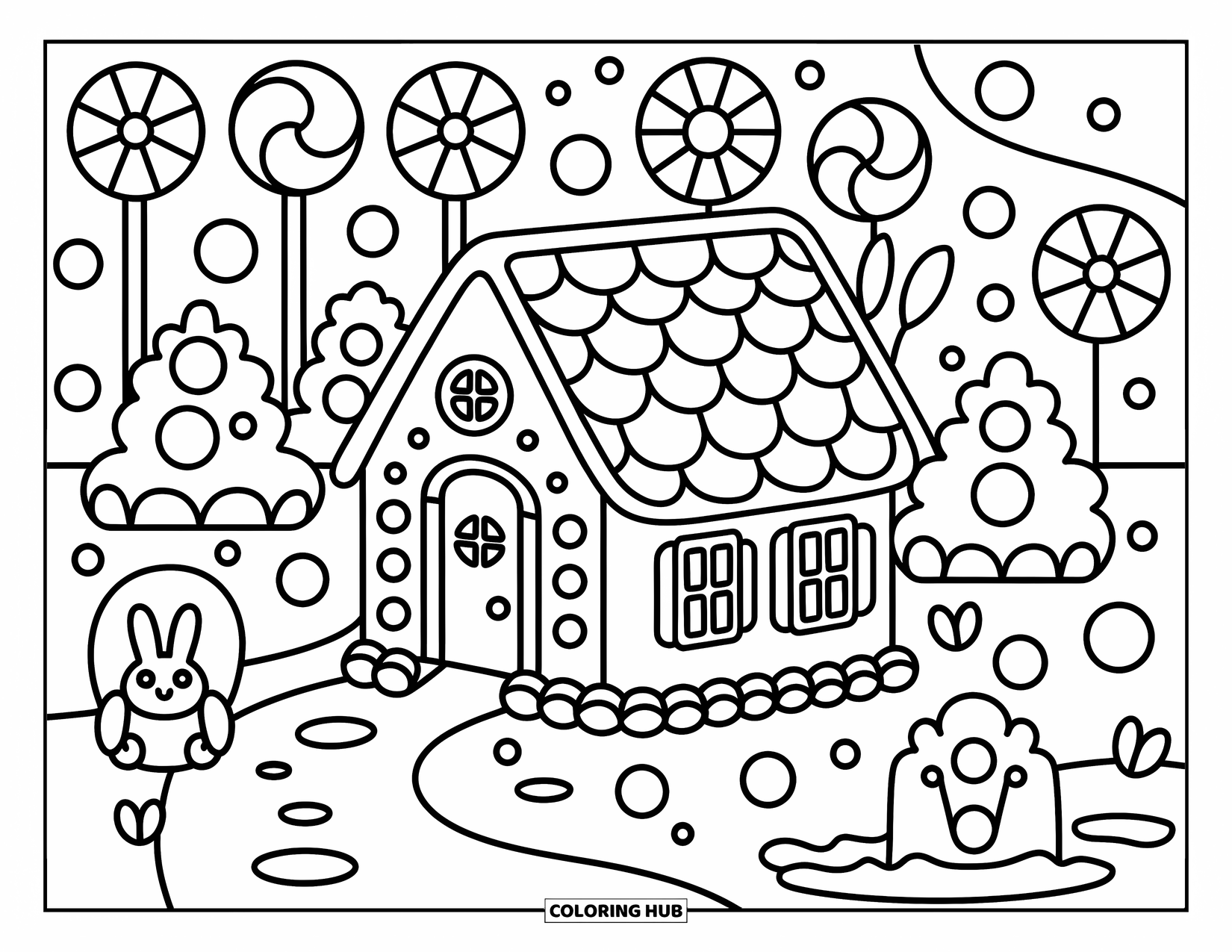 Desen de colorat cu o casă de turtă dulce pentru adulți: O casă confortabilă de turtă dulce se află într-o grădină plină de bomboane, cu un iepuraș mic de turtă dulce care se uită afară