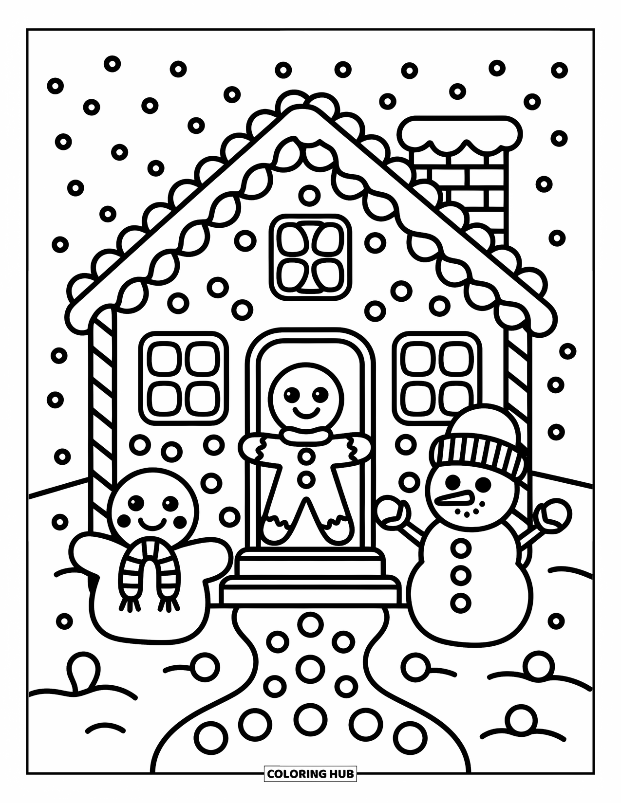 Desen de colorat cu o casă de turtă dulce pentru adulți: O casă confortabilă de turtă dulce cu o potecă de dropsuri, o persoană de turtă dulce care face cu mâna și un om de zăpadă mic